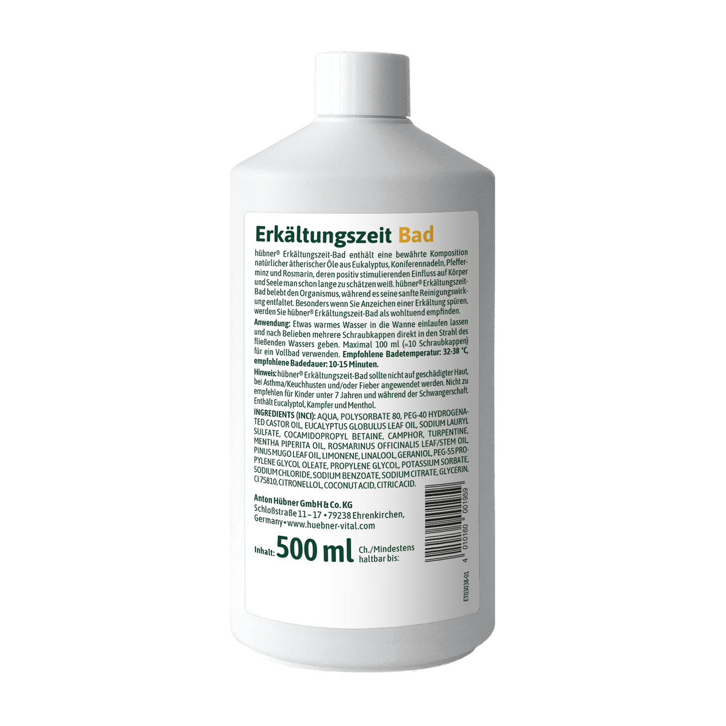 Eine weiße 500-ml-Flasche mit der Aufschrift „Erkältungszeit Bad“ mit deutschem Text und einem Barcode auf der Rückseite.