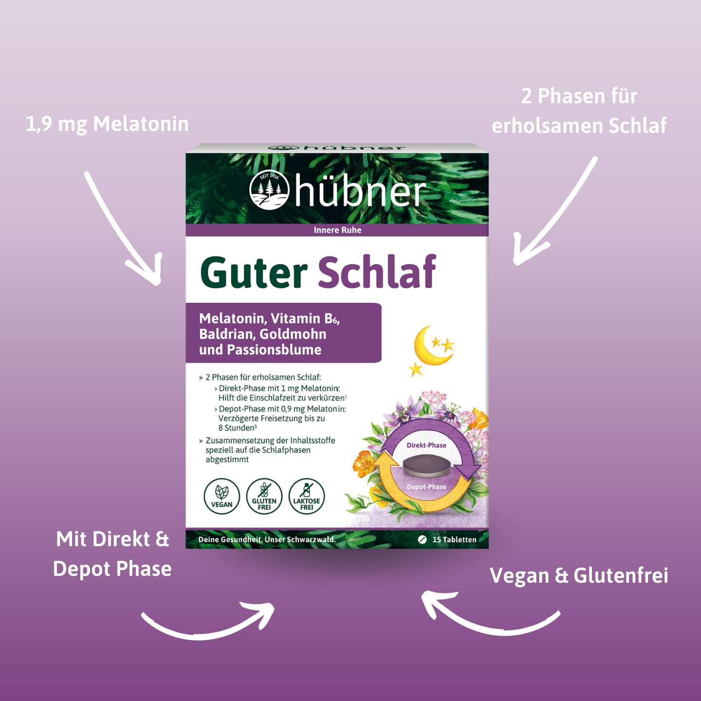 Produktverpackung für hübner Guter Schlaf, die auf violettem Hintergrund den Melatoningehalt, zwei Schlafphasen und vegane, glutenfreie Eigenschaften hervorhebt.