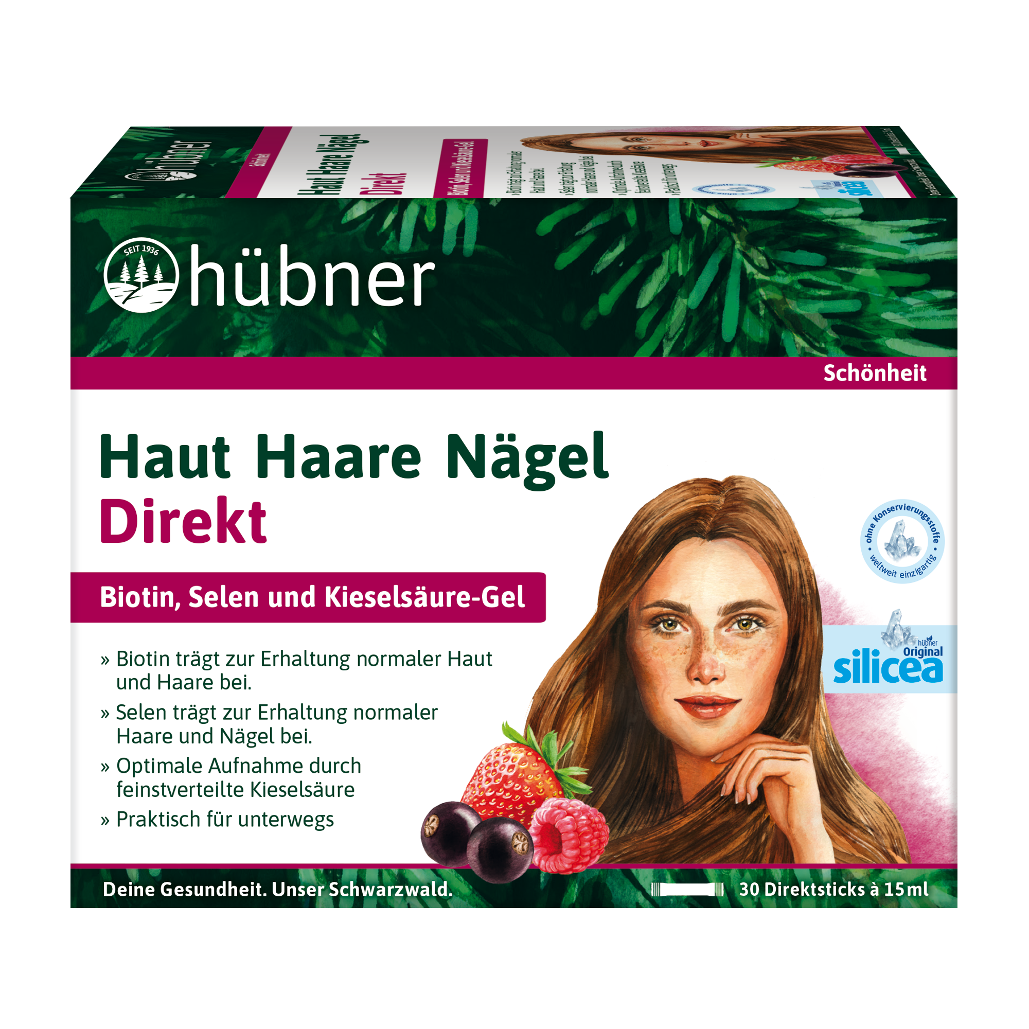 Grüne Schachtel mit Hübner-Nahrungsergänzungsmittel für Haut, Haare und Nägel auf rosa Hintergrund mit aufgedruckten Vorteilen und zwei Beuteln daneben.