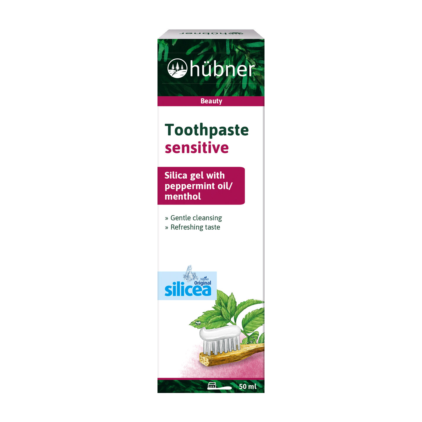 Eine Packung Hübner Zahnpasta Sensitive mit Kieselgel, Pfefferminzöl und Menthol, mit Abbildung einer Zahnbürste und Minzblättern.