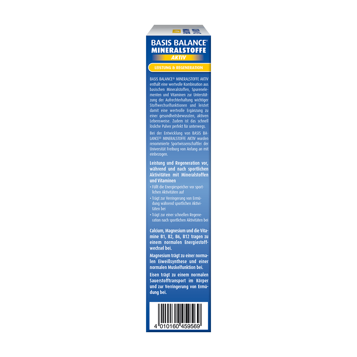 Blaue Schachtel mit der Aufschrift „Basis Balance Mineralstoffe Aktiv“ und einem deutschen Text, der die Leistungs- und Regenerationsvorteile beschreibt.