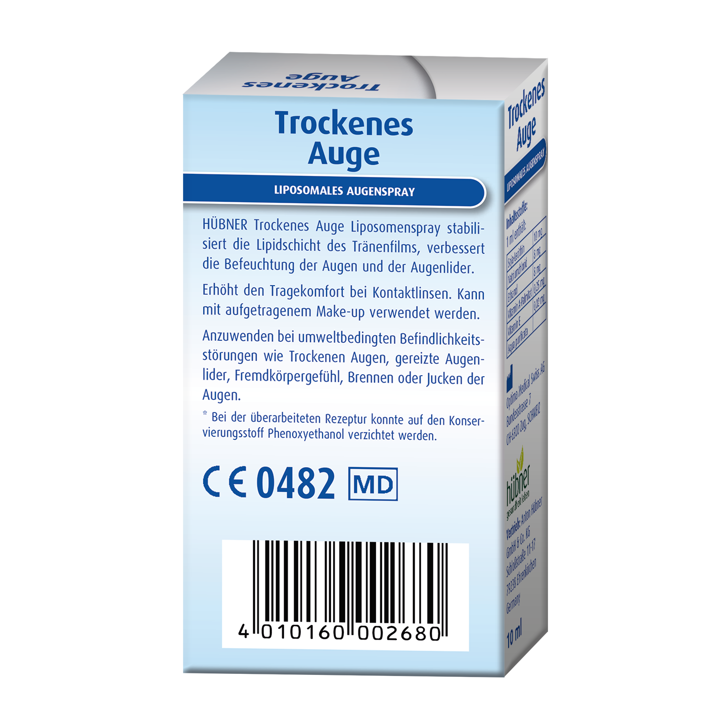 Eine blau-weiße Schachtel liposomales Augenspray Hübner Trockene Auge mit sichtbaren Produktdetails und Barcode.