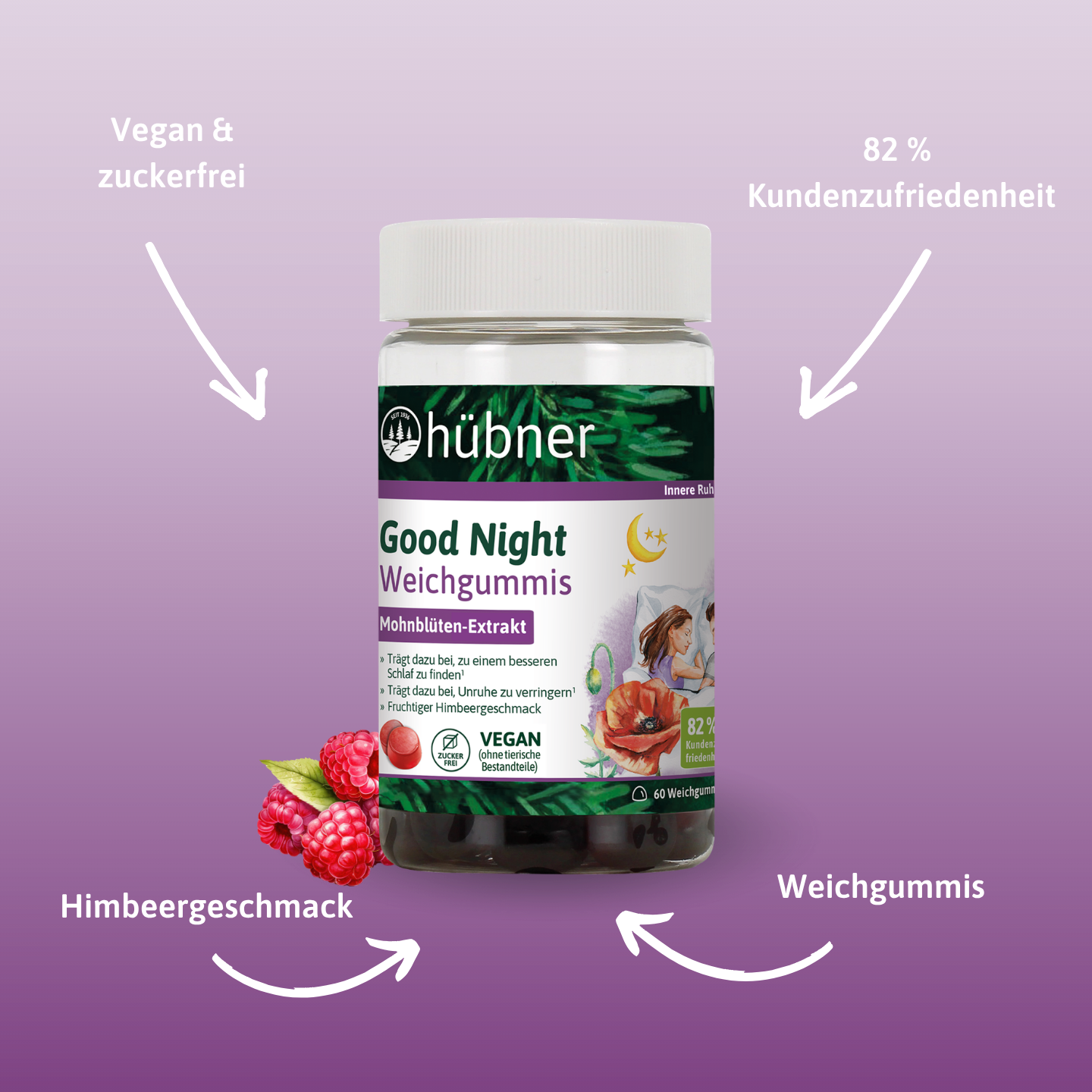 Ein Glas Hübner Gute Nacht Gummivitamine mit Mohnextrakt, oben rechts mit der Aufschrift NEU in einem grünen Kreis.