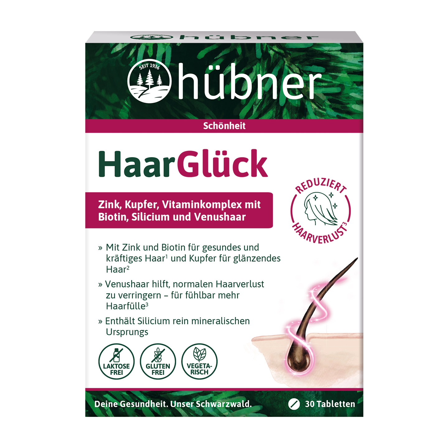 Schachtel mit Hübner HaarGlück-Tabletten für gesundes Haar, gekennzeichnet als laktosefrei, vegan und zur Reduzierung des Haarausfalls.
