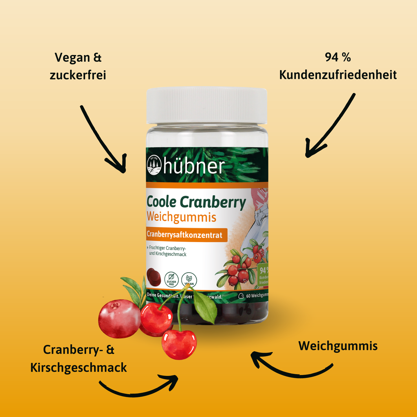 Eine Flasche Hübner Coole Cranberry Weichgummis mit Cranberries, Pfeilen und deutschem Text, der die Eigenschaften auf einem orangefarbenen Hintergrund hervorhebt.
