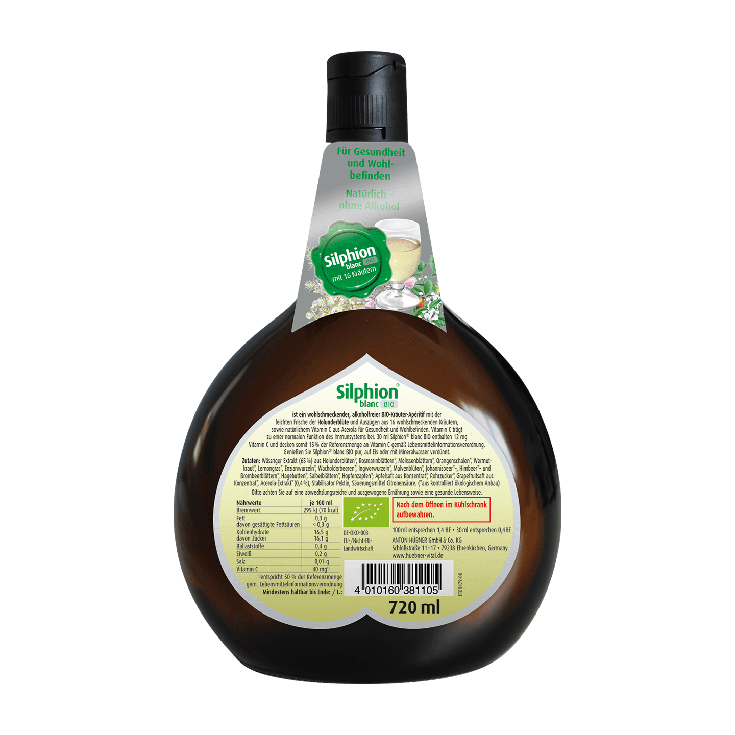 Eine runde, braune Flasche Silphion Kräutergetränk, 720 ml, mit grünem Etikett und ausführlichen Produktinformationen auf der Rückseite.