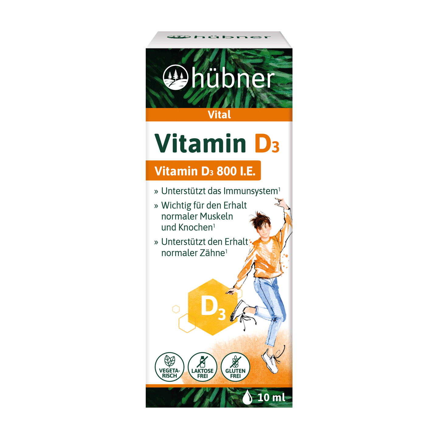 Vorderseite einer Hübner-Vitamin-D3-Box, die mit Symbolen und einer springenden Person die Vorteile für das Immunsystem, die Muskeln, die Knochen und die Zähne zeigt.