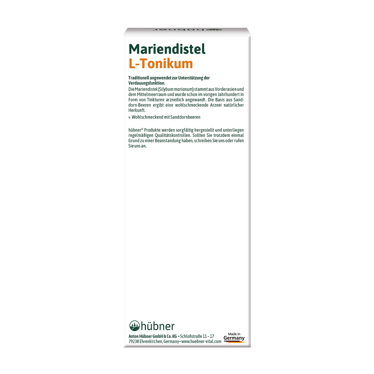 Schachtel mit der Aufschrift „Mariendistel L-Tonikum“ und deutschem Text sowie den Logos für Hübner und „Made in Germany“ am Boden.