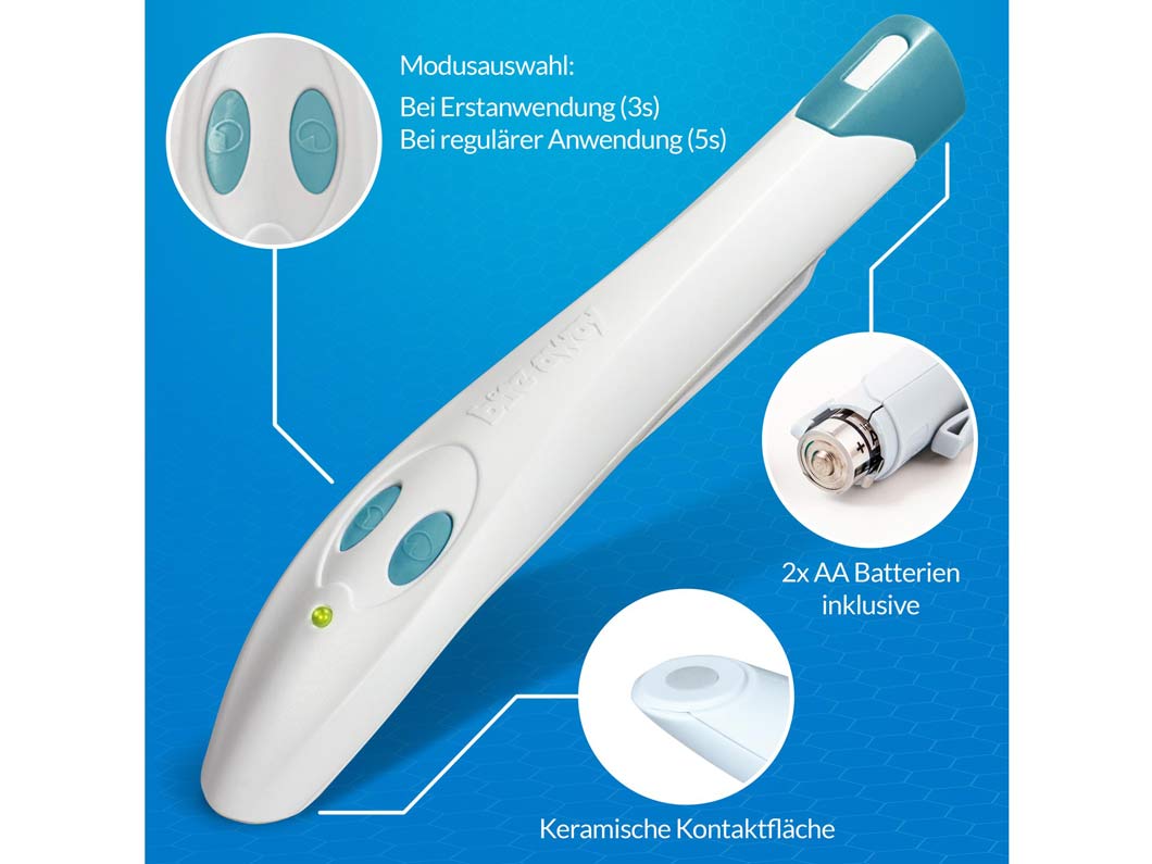 Weißes elektronisches Gerät vom Typ bite away® mit Tasten und Symbolen, die die Funktionen des Geräts darstellen (keramische Kontaktfläche, Batteriefach und Modusauswahl), vor blauem Hintergrund.