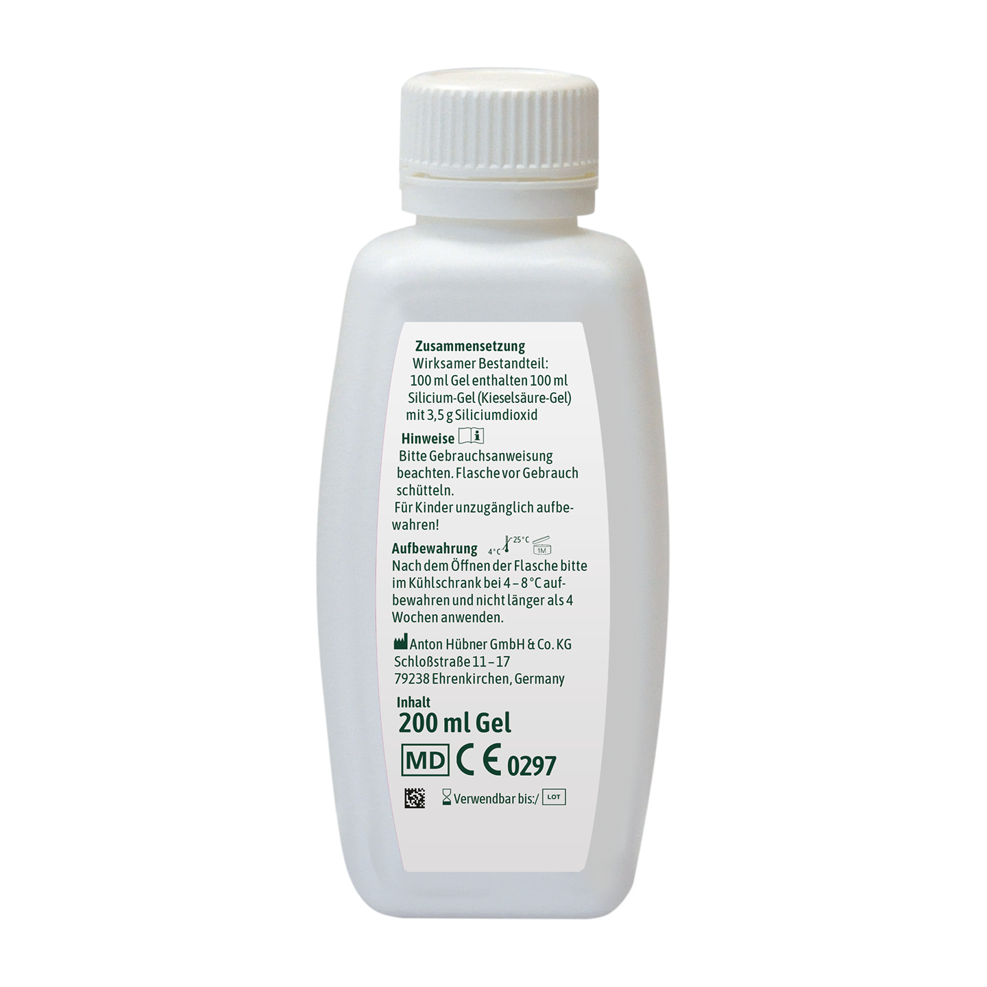 Eine weiße Plastikflasche mit deutschem Text und in Schwarz aufgedruckten Produktinformationen auf dem Rückenetikett.