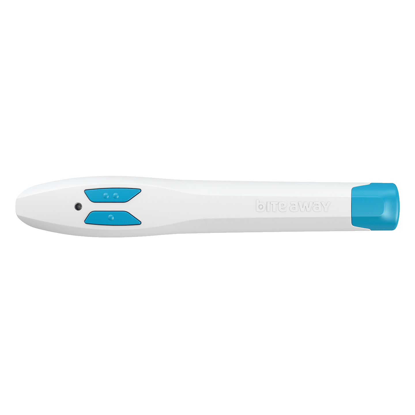 Das weiß-blaue bite away® two in Stiftform zur Linderung von Insektenstichen, abgebildet vor einem weißen Hintergrund.