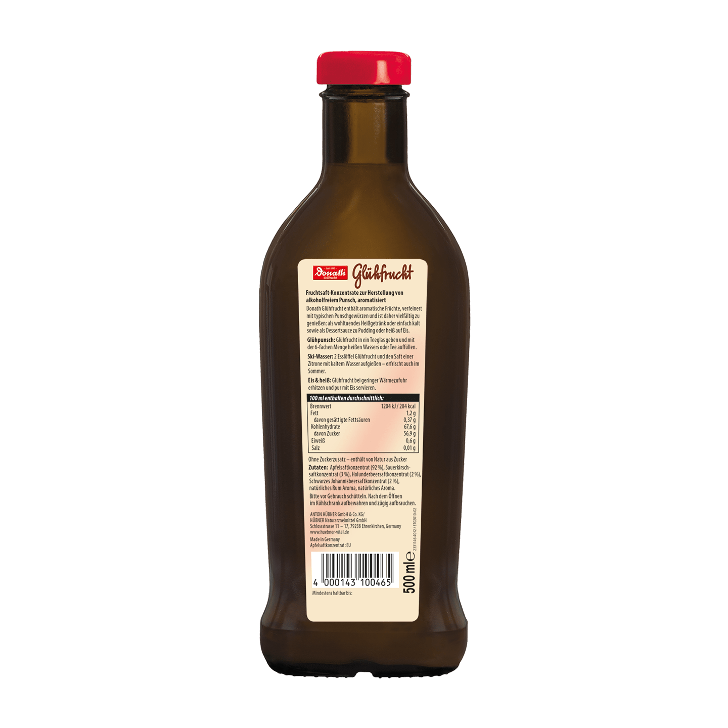 Braune Flasche mit rotem Verschluss, auf der Rückseite ist das Etikett mit Produktinformationen und Strichcode zu sehen; oben auf dem Etikett steht „Glühwein“.