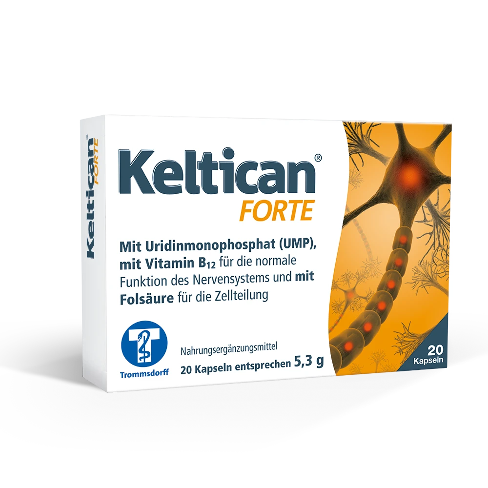 Die Keltican Forte-Box mit Neuronengrafik und deutscher Beschriftung für Nervengesundheit enthält 20 Kapseln mit Uridinmonophosphat, B12 und Folsäure.