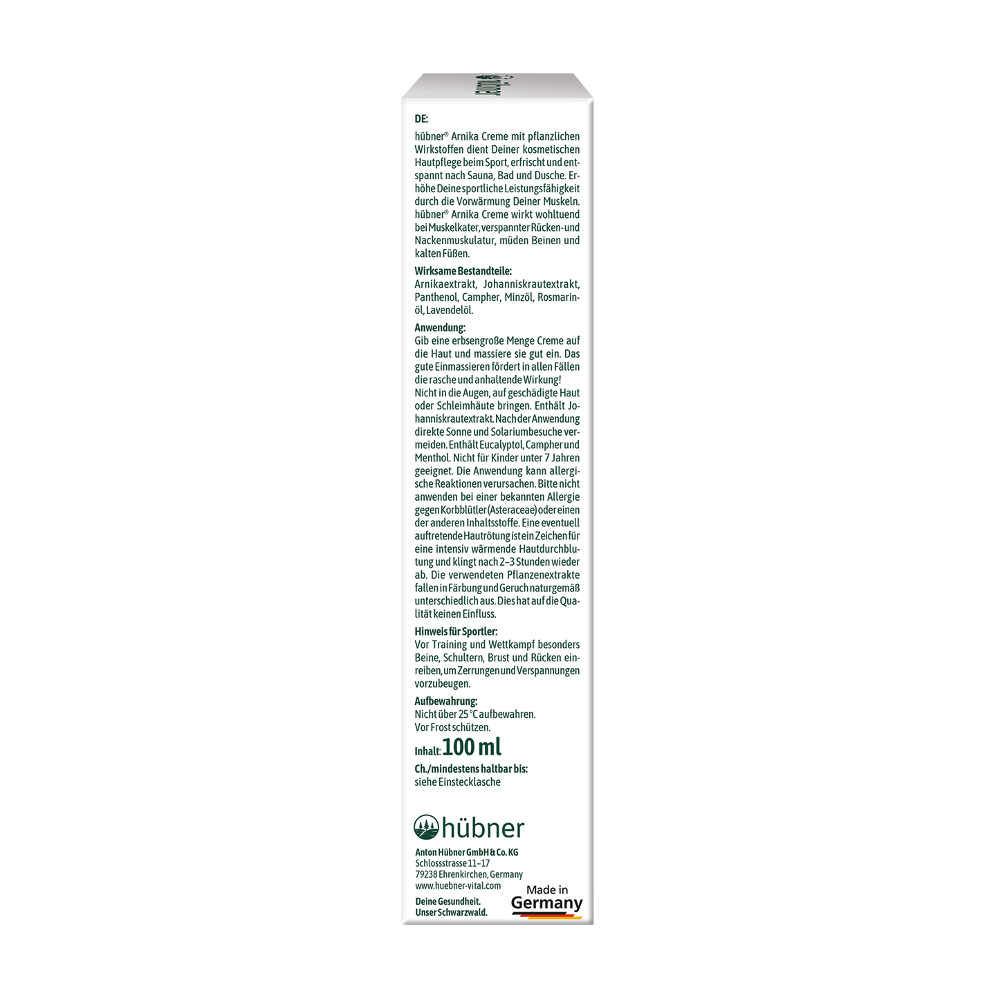 Die Seite einer Hübner-Cremepackung mit deutschem Text zu Inhaltsstoffen, Anweisungen und Produktinformationen und der Aufschrift „Made in Germany“.
