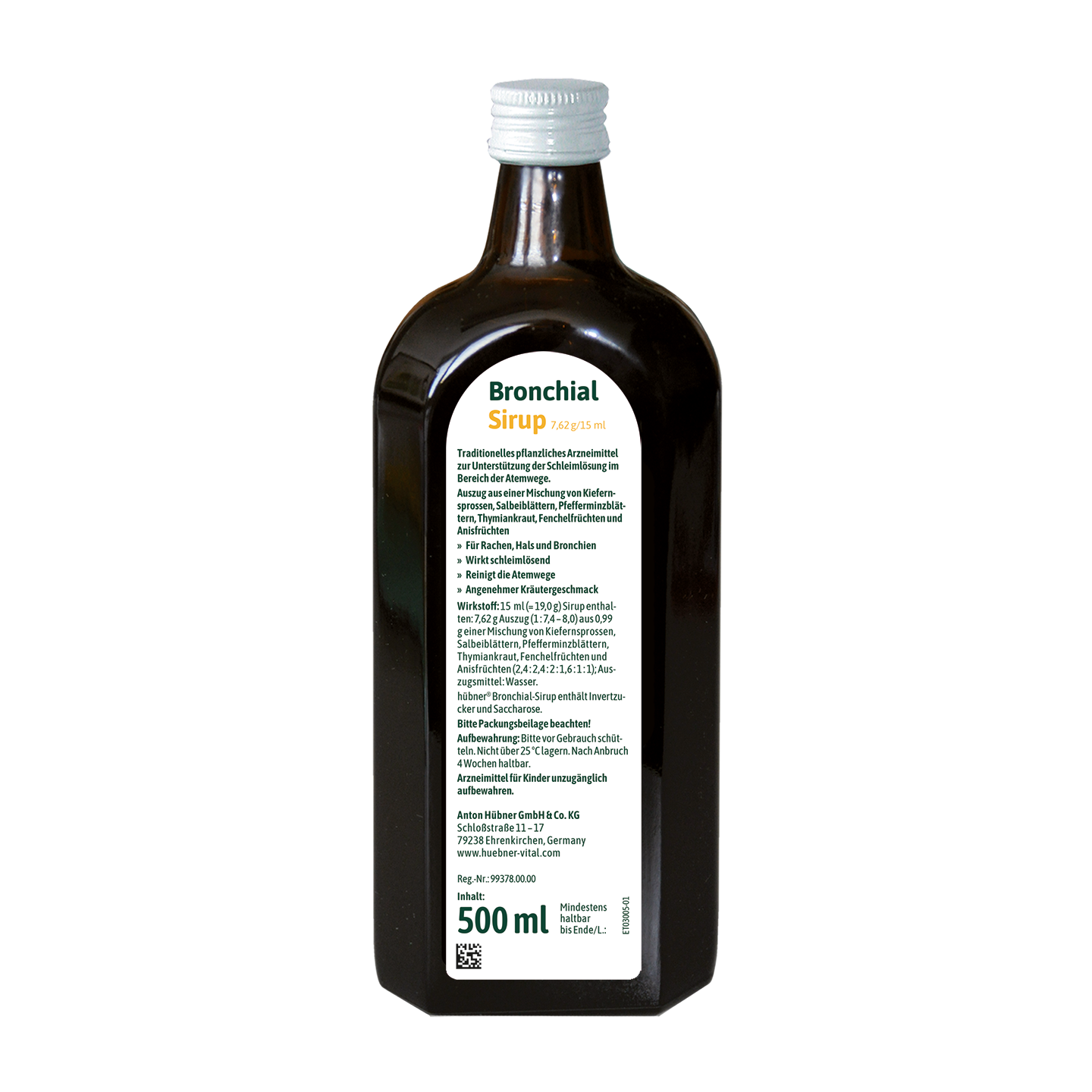 Eine braune Flasche mit der Aufschrift „Bronchial Sirup“ sowie Dosierungs- und Inhaltsstoffinformationen und einem Inhalt von 500 ml Flüssigkeit.