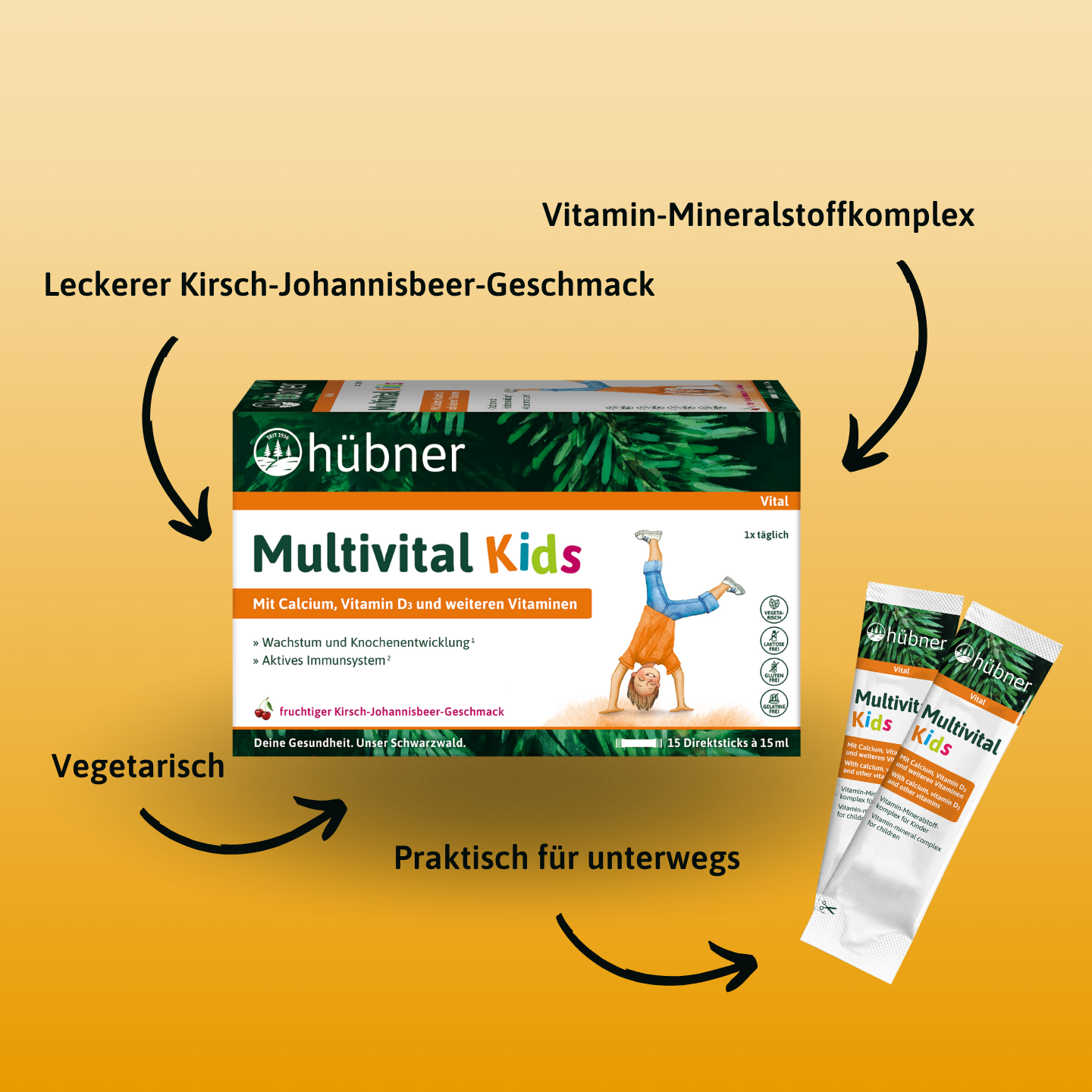 Schachtel und Beutel des Nahrungsergänzungsmittels Multivital Kids auf orangefarbenem Hintergrund mit deutschem Text, der den Geschmack und die wichtigsten Eigenschaften hervorhebt.