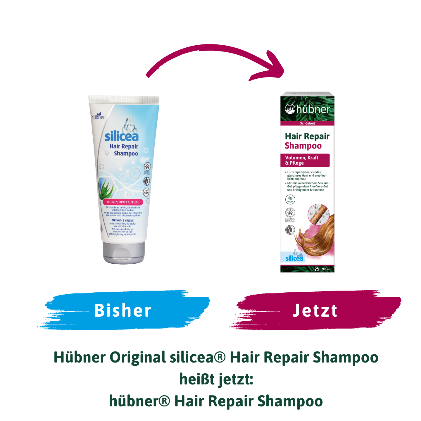 Zwei Shampooflaschen nebeneinander, mit einem Pfeil von der „Bisher alten“ zur „Jetzt neuen“ Verpackung und einem Text, der die Namensänderung ankündigt.