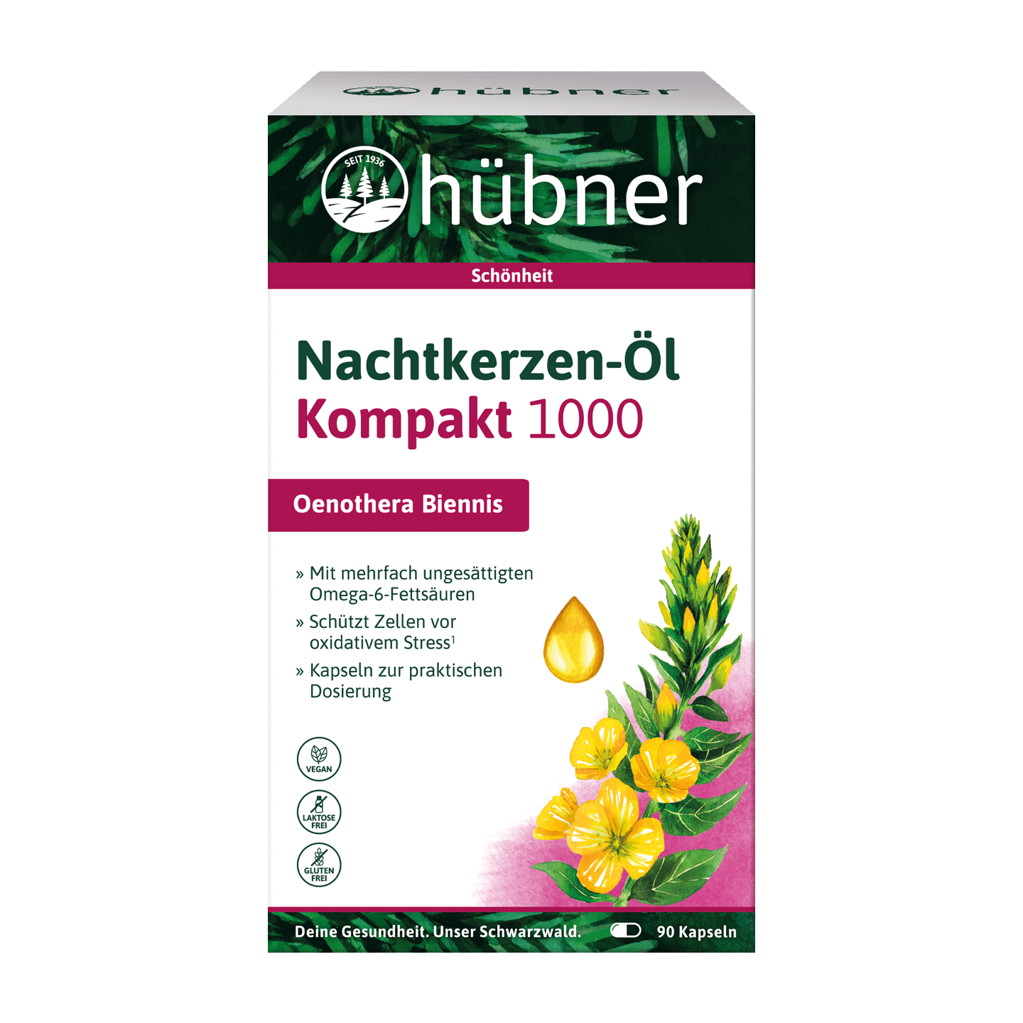 Schachtel Hübner Nachtkerzen-Öl Kompakt 1000 mit gelben Blumen, Produktinformationen und grünen Akzenten auf der Verpackung.