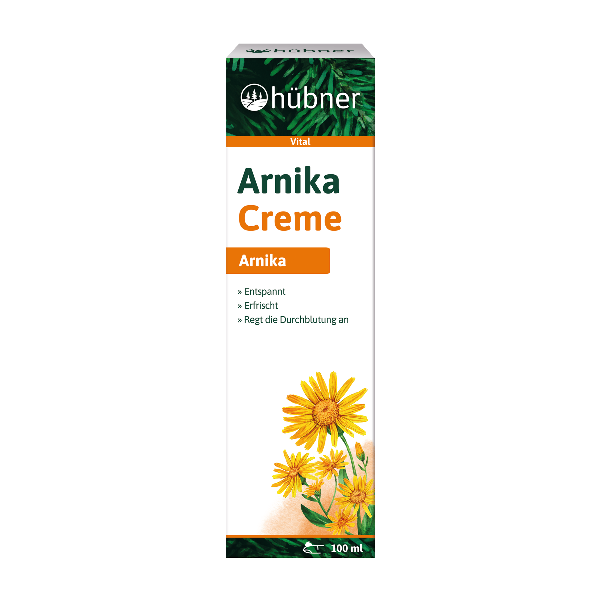 Eine Schachtel Hübner Arnika Creme mit gelben Arnikablüten und einem deutschen Text, der ihre entspannende und erfrischende Wirkung beschreibt.