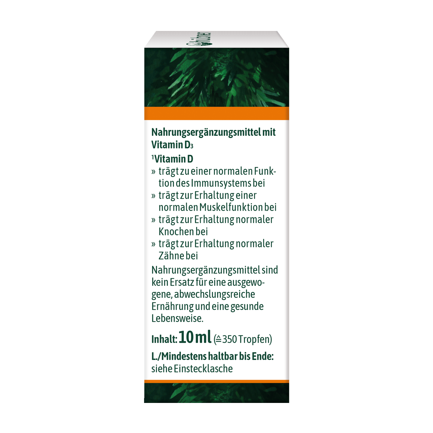 Kasten mit deutschem Text zu einem Vitamin-D-Präparat, inklusive Dosierung, Inhaltsstoffen und Anwendungshinweisen, auf weißem und grünem Hintergrund.