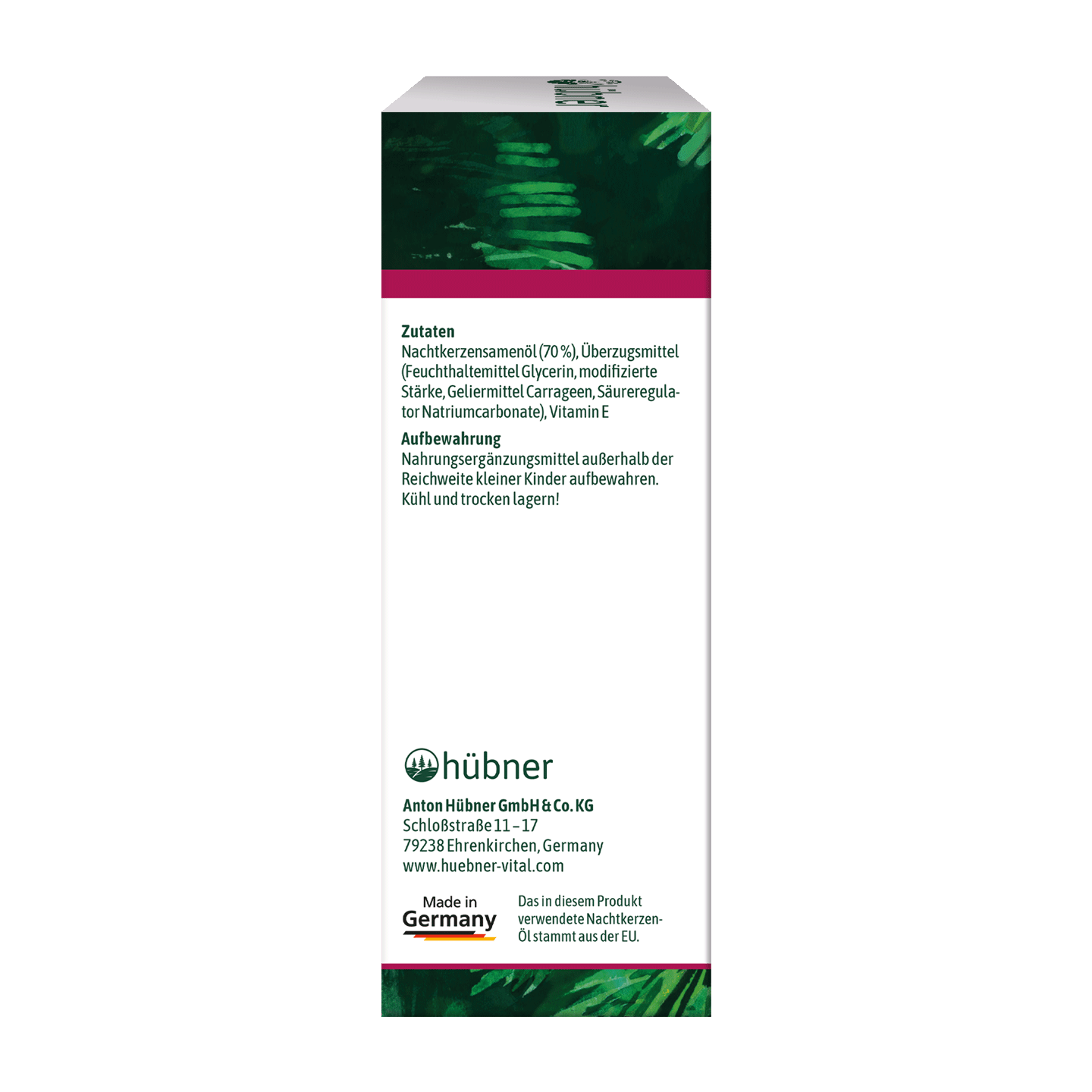 Weiße Produktverpackung mit Inhaltsstoffen, Aufbewahrungshinweisen und Firmeninformationen in deutscher Sprache, inklusive Made in Germany-Etikett.