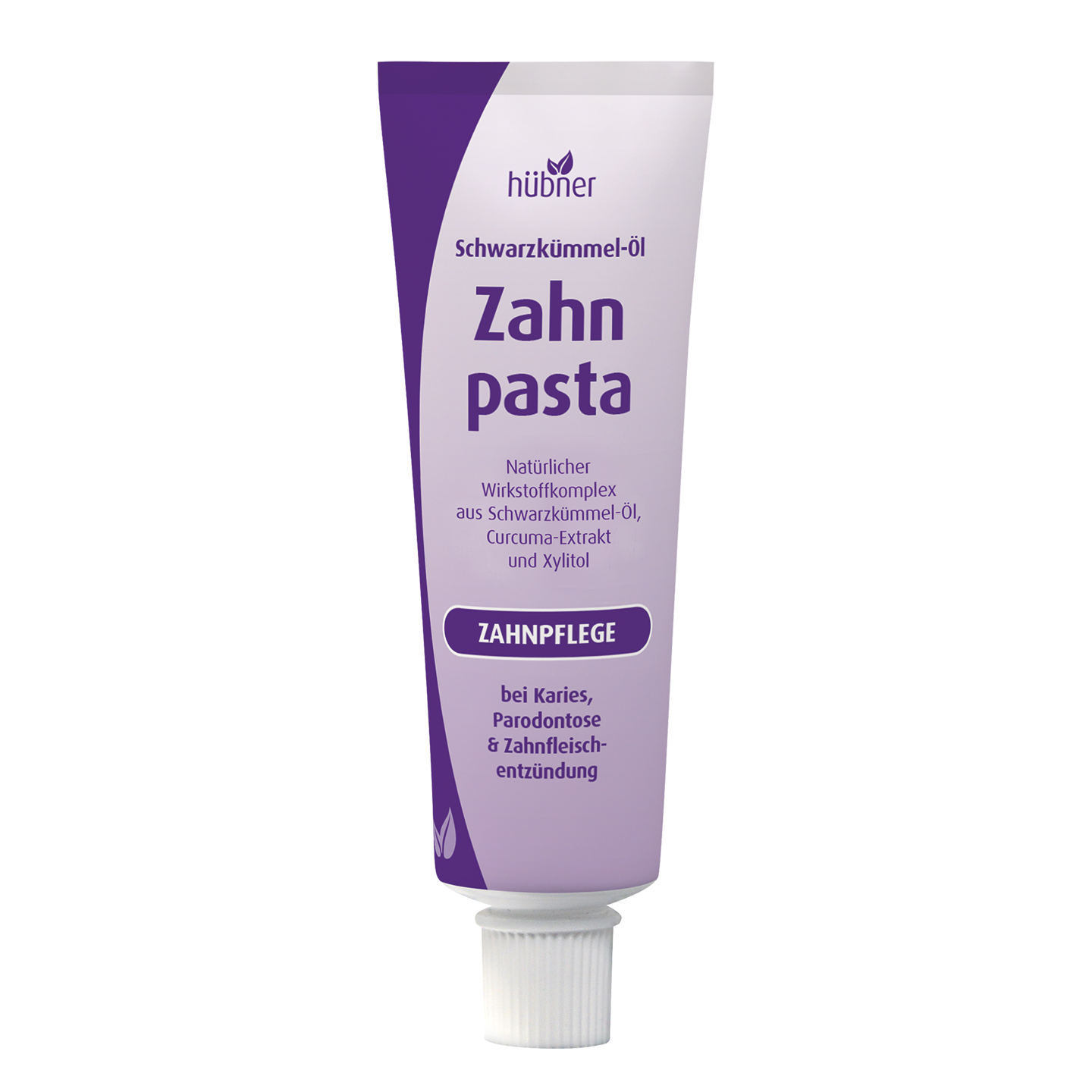 Eine violette Tube Hübner Schwarzkümmel-Öl Zahnpasta, eine natürliche Zahnpasta, steht aufrecht vor einem weißen Hintergrund.
