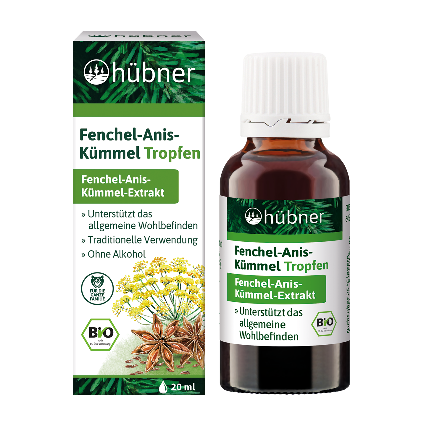Eine 20-ml-Flasche Hübner Fenchel-Anis-Kümmel Tropfen Kräuterextrakt mit Verpackung, Kräutern und Produktinformationen.