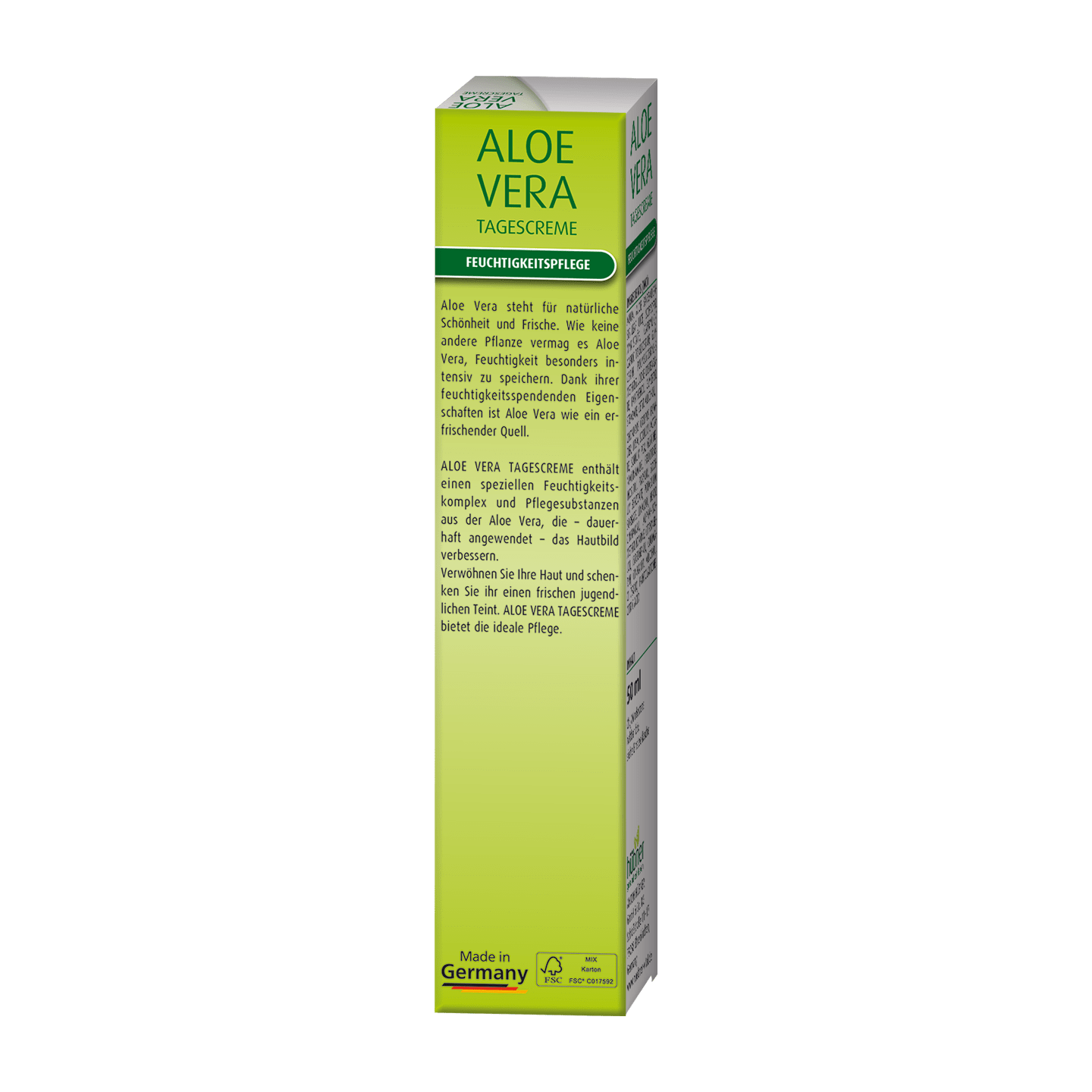 Grüne Schachtel Aloe Vera Tagescreme mit deutschem Text und dem Etikett „Made in Germany“ unten.