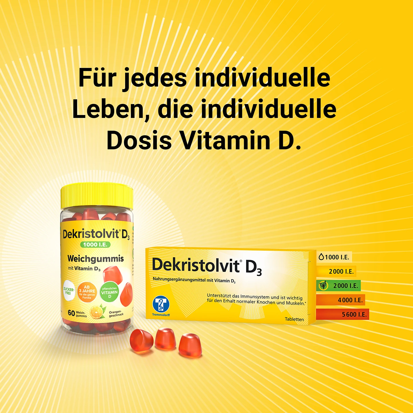 Dekristolvit D3 Weichgummis und Tabletten auf gelbem Hintergrund mit Text zur individuellen Vitamin D-Dosierung.