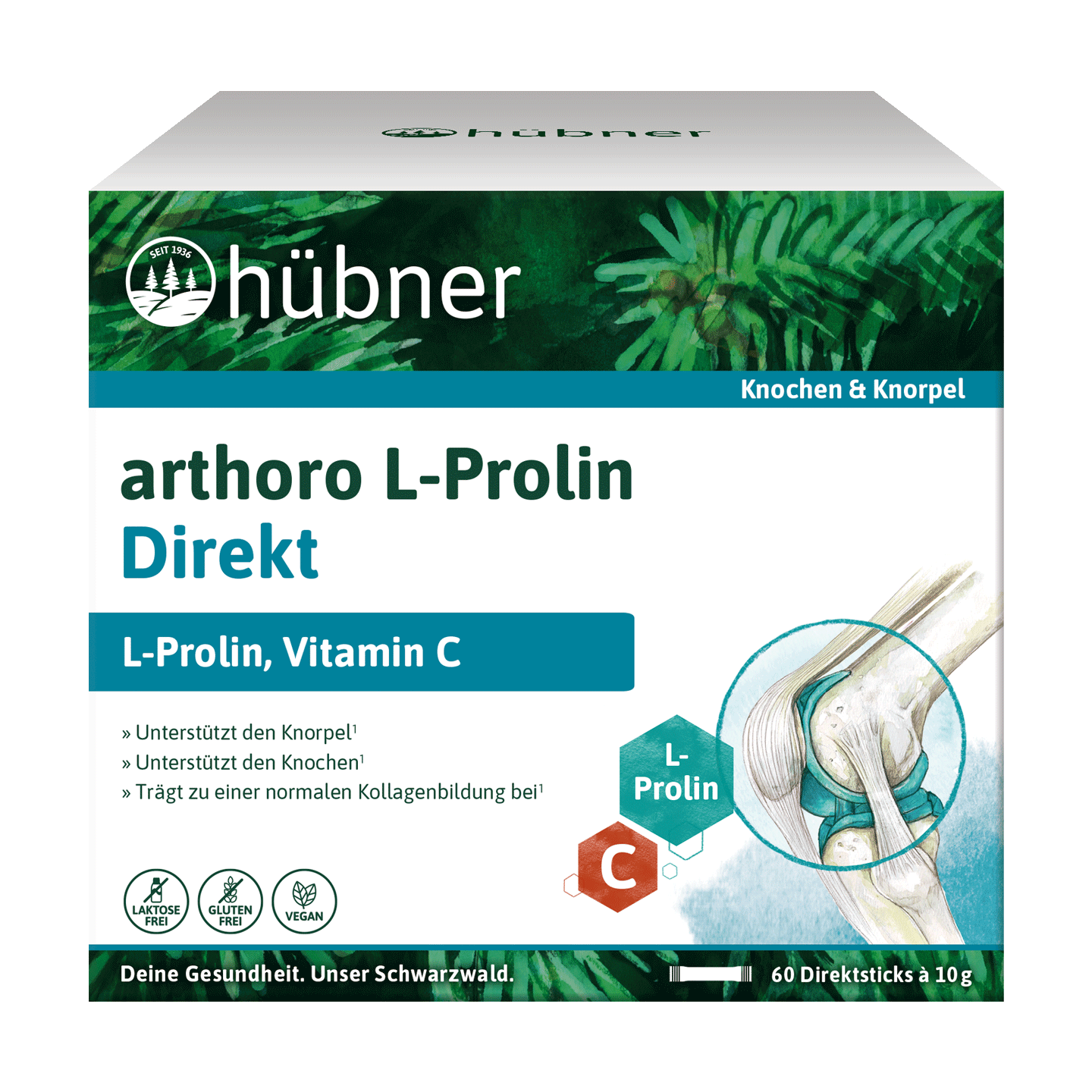 Schachtel hübner arthoro L-Prolin Direkt Nahrungsergänzungsmittel für Knochen und Knorpel mit L-Prolin und Vitamin C, 60 Sticks, vegan und glutenfrei.