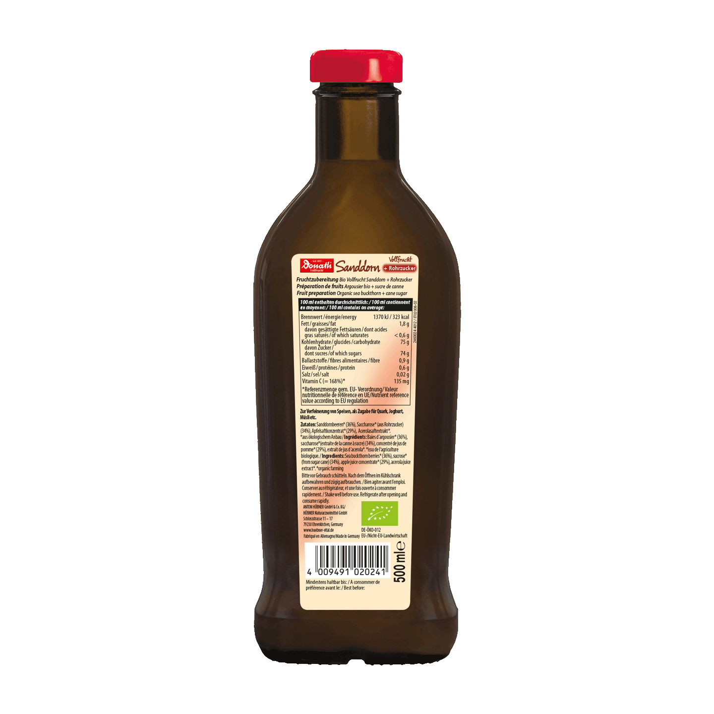 Braune Glasflasche mit rotem Verschluss, auf deren Rückseite sich ein Etikett mit Nährwertangaben und ein Strichcode befindet.