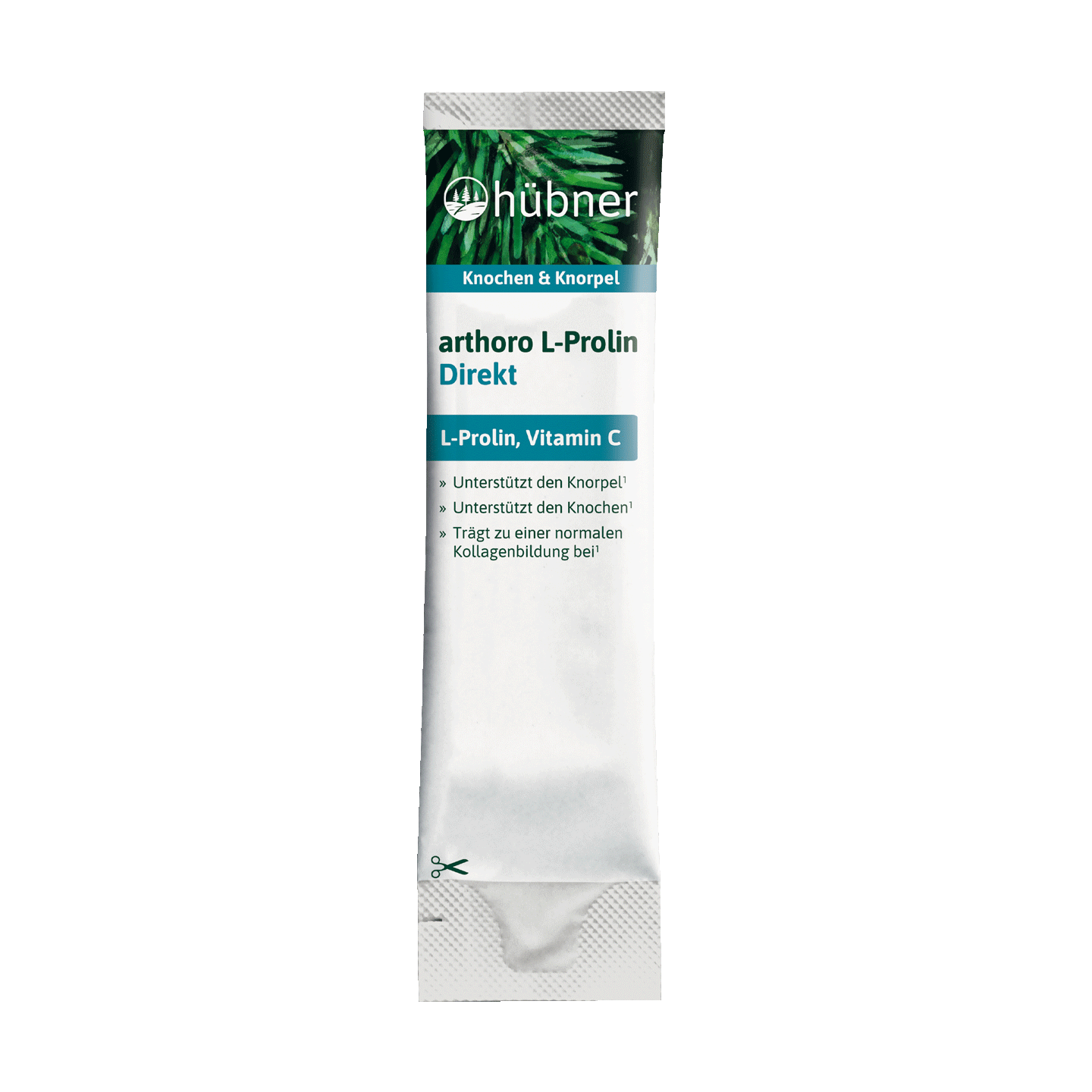 Eine Packung Hübner arthoro L-Prolin Direkt Nahrungsergänzungsmittel mit L-Prolin und Vitamin C für Knochen und Knorpel.