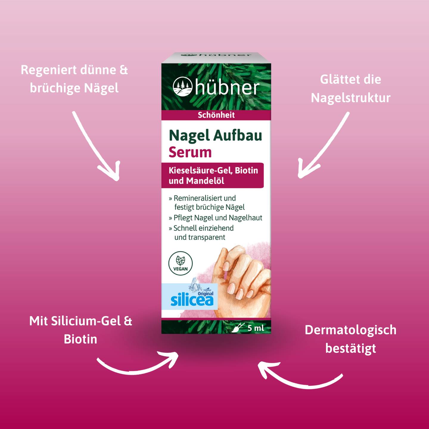Eine Schachtel Hübner Nagel Aufbau Serum mit einem Text auf rosa Hintergrund, der die Vorteile für die Nägel hervorhebt, mit weißen Pfeilen und Erklärungen.