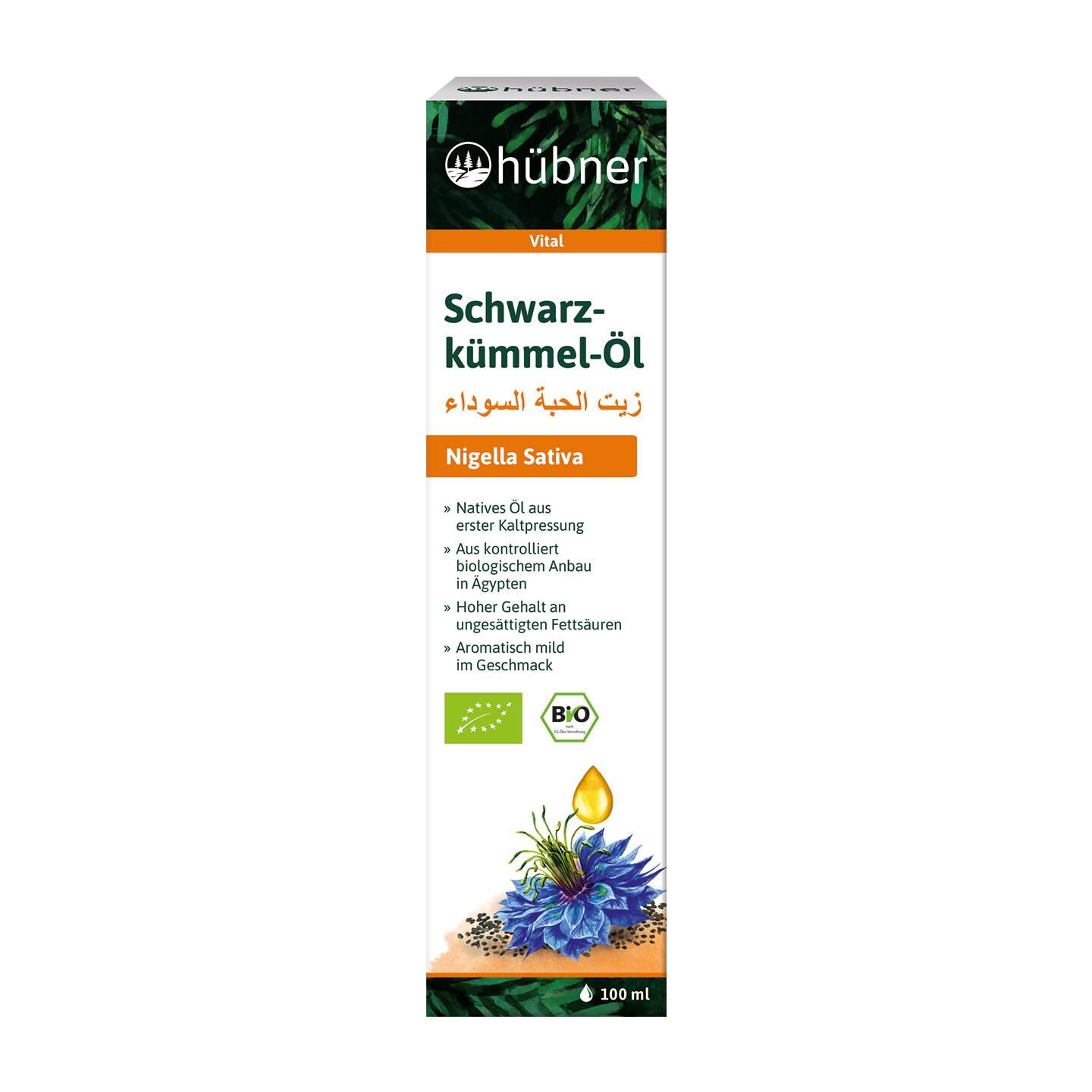 Vorderseite einer Hübner Schwarzkümmel-Öl-Packung mit Produktinformationen auf Deutsch, Arabisch und Englisch, 100-ml-Größe.