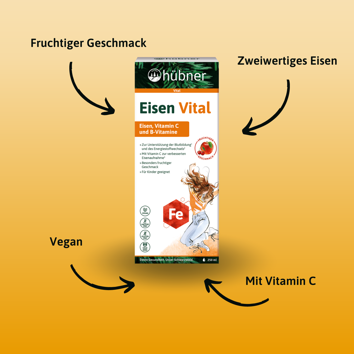 Eisen Vital Nahrungsergänzungsbox mit Symbolen für Fruchtgeschmack, Vegan, Vitamin C und Eisen, auf gelbem Hintergrund mit Pfeilen zur Box.