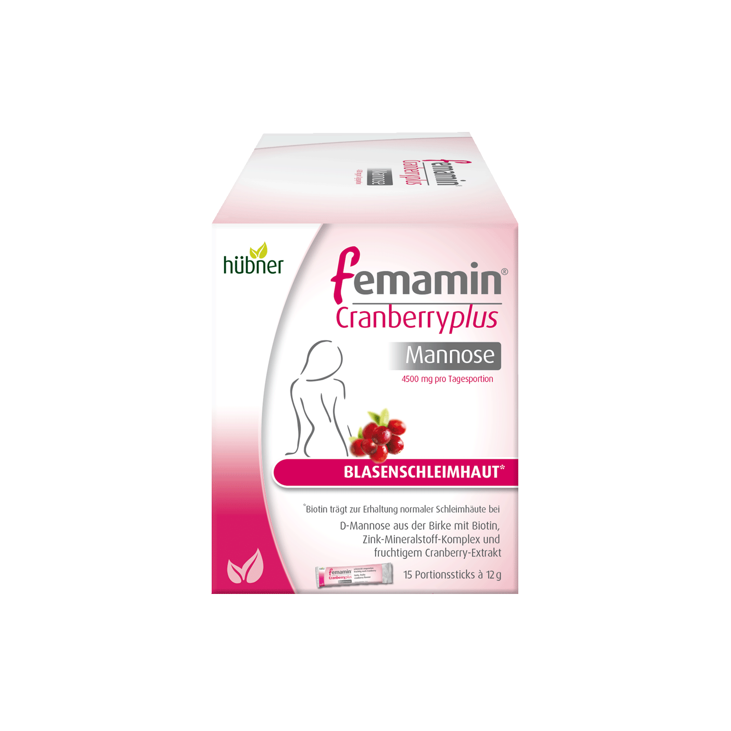Eine Schachtel Hübner femamin Cranberryplus Mannose Nahrungsergänzungsmittel mit Cranberry-Grafiken und Produktdetails auf der Verpackung.