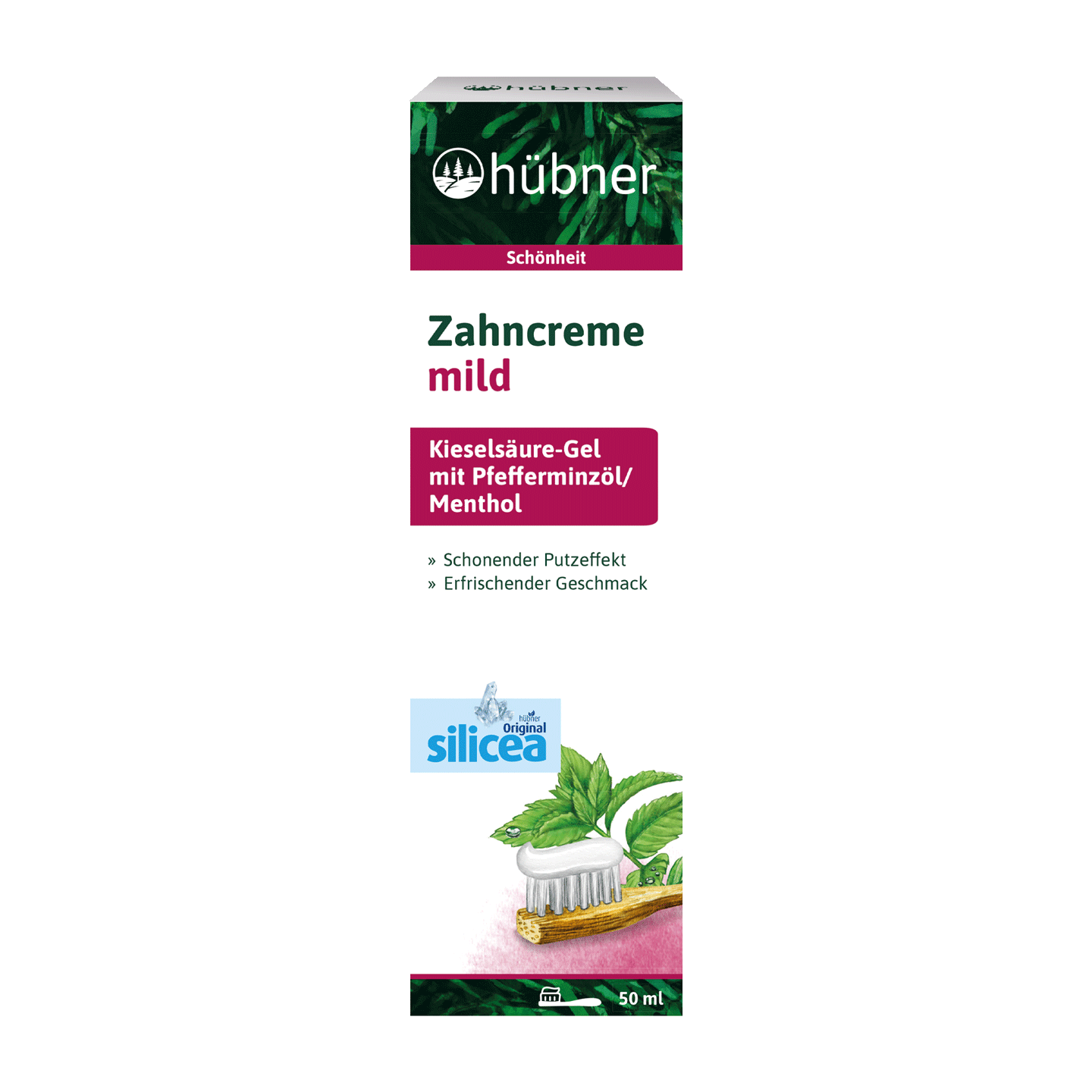 Schachtel mit Hübner Zahncreme Mild mit Kieselgel, Pfefferminzöl, Menthol und dem Bild einer Zahnbürste mit grünen Blättern.