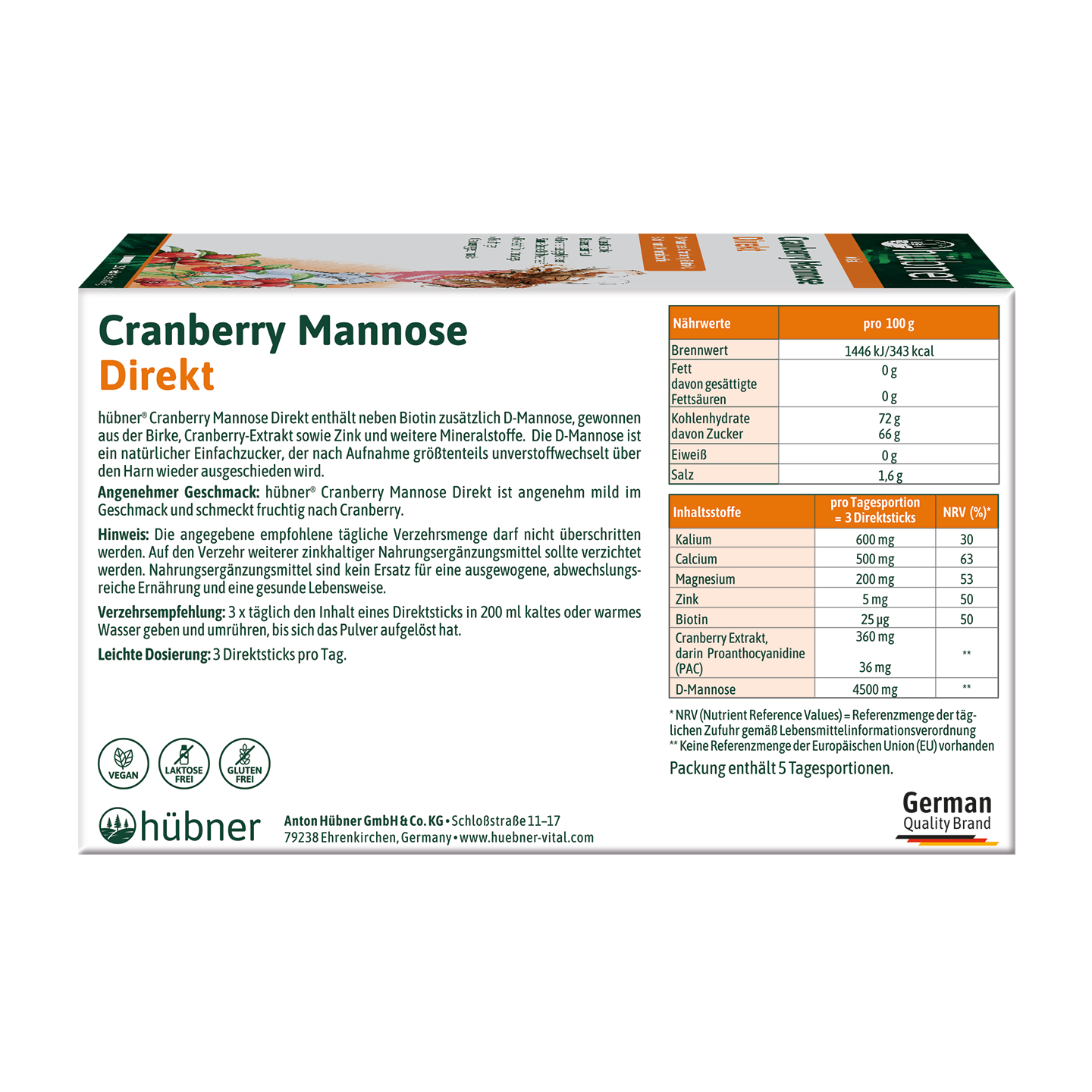Hintere Seite einer Schachtel Hübner Cranberry Mannose Direkt-Nahrungsergänzungsmittel mit Nährwertangaben, Gebrauchsanweisungen sowie Wirkstoffspektrum des Produkts. Das Design ist orange-grün, mit Barcode auf einer Seite.