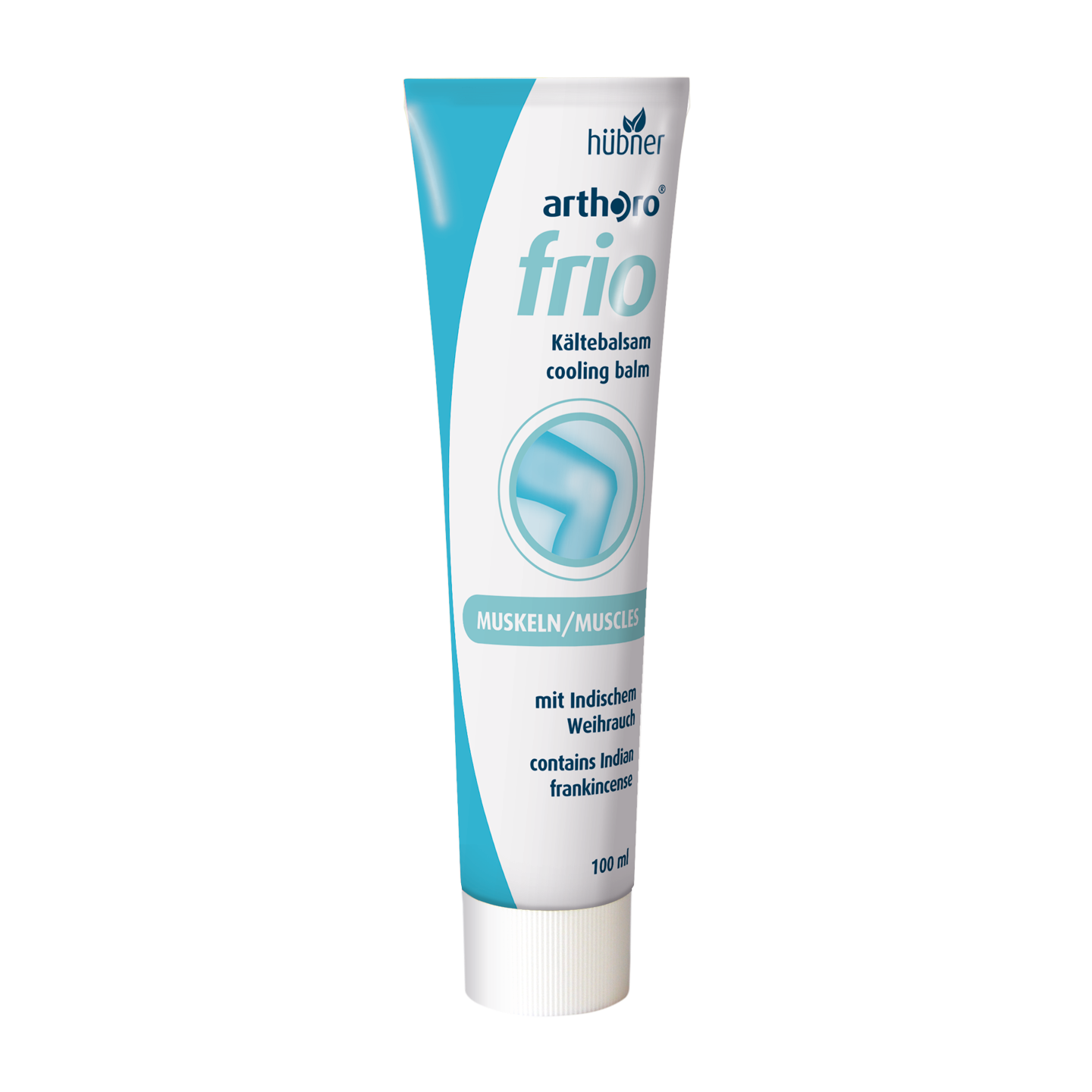 Eine Tube Hübner arthoro frio Kühlbalsam für die Muskulatur, 100 ml, mit blauen und rosa Designelementen.