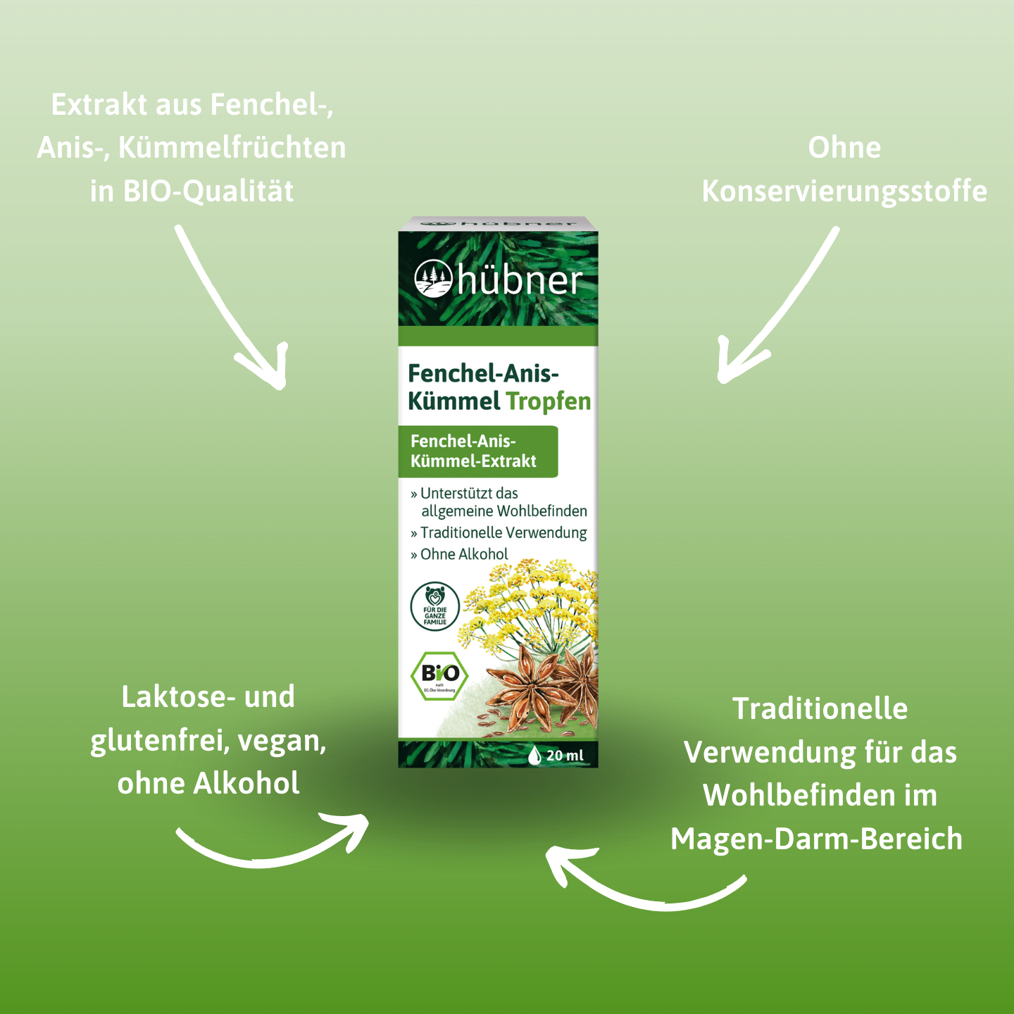 Schachtel mit Hübner Fenchel-Anis-Kümmel-Tropfen, umgeben von einem Text auf grünem Hintergrund, der die natürlichen, veganen und konservierungsmittelfreien Eigenschaften hervorhebt.