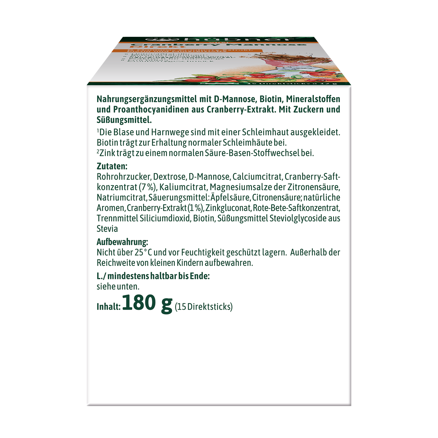 Lateral einer Schachtel Hübner Cranberry Mannose Direkt-Nahrungsergänzungsmittel mit Informationen in deutscher Sprache zu Inhaltsstoffen, Lagerung und Nettogewicht von 180 g (15 Sticks).