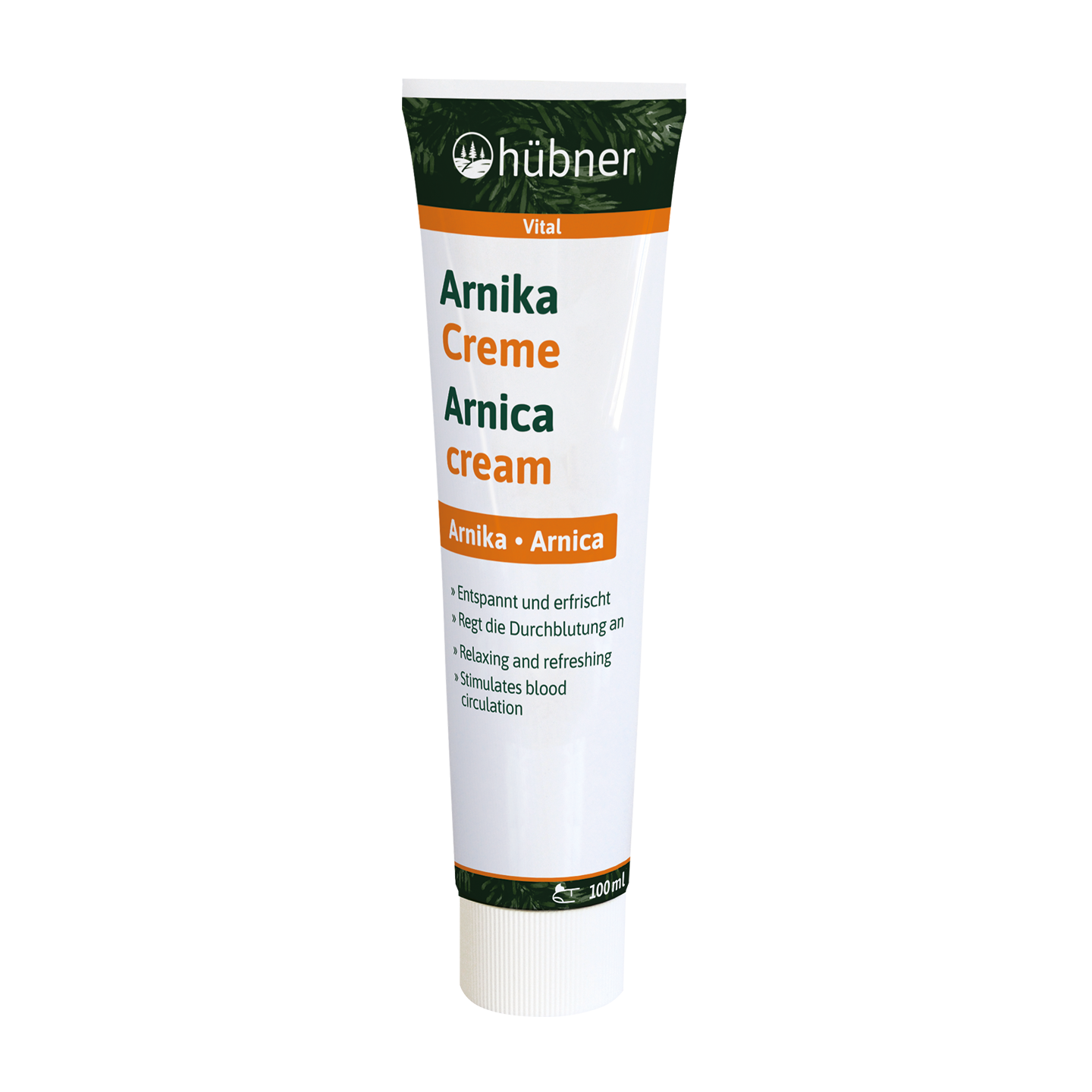 Eine Tube Hübner Arnikacreme mit orange-grüner Schrift, beschriftet mit der Aufschrift „Entspannen, Erfrischen und Durchblutungsanregend“.
