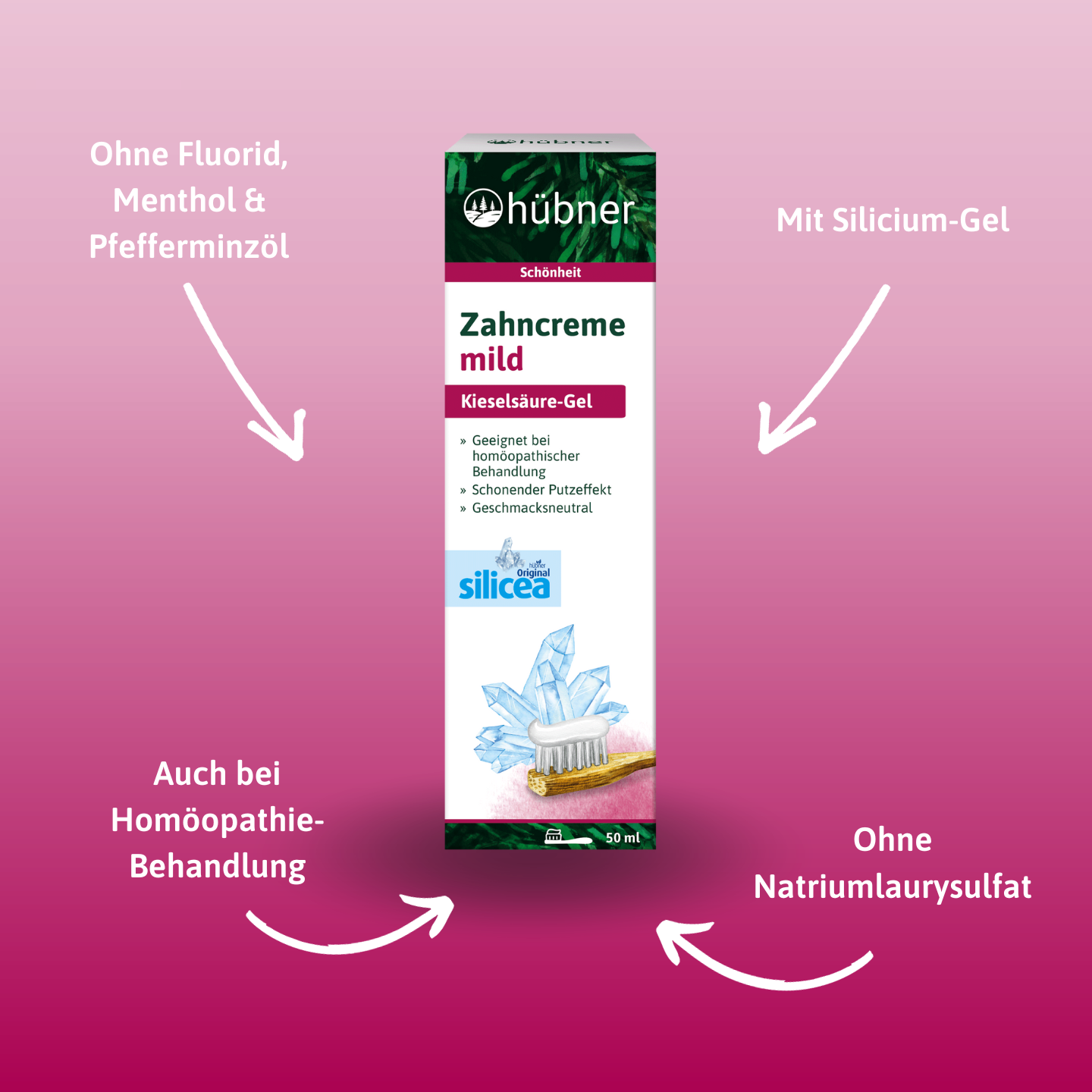 Schachtel Hübner-Zahnpasta mit Pfeilen zur Auflistung der Eigenschaften: ohne Fluorid, Menthol, Sulfat; enthält Kieselgel; für die homöopathische Behandlung geeignet.