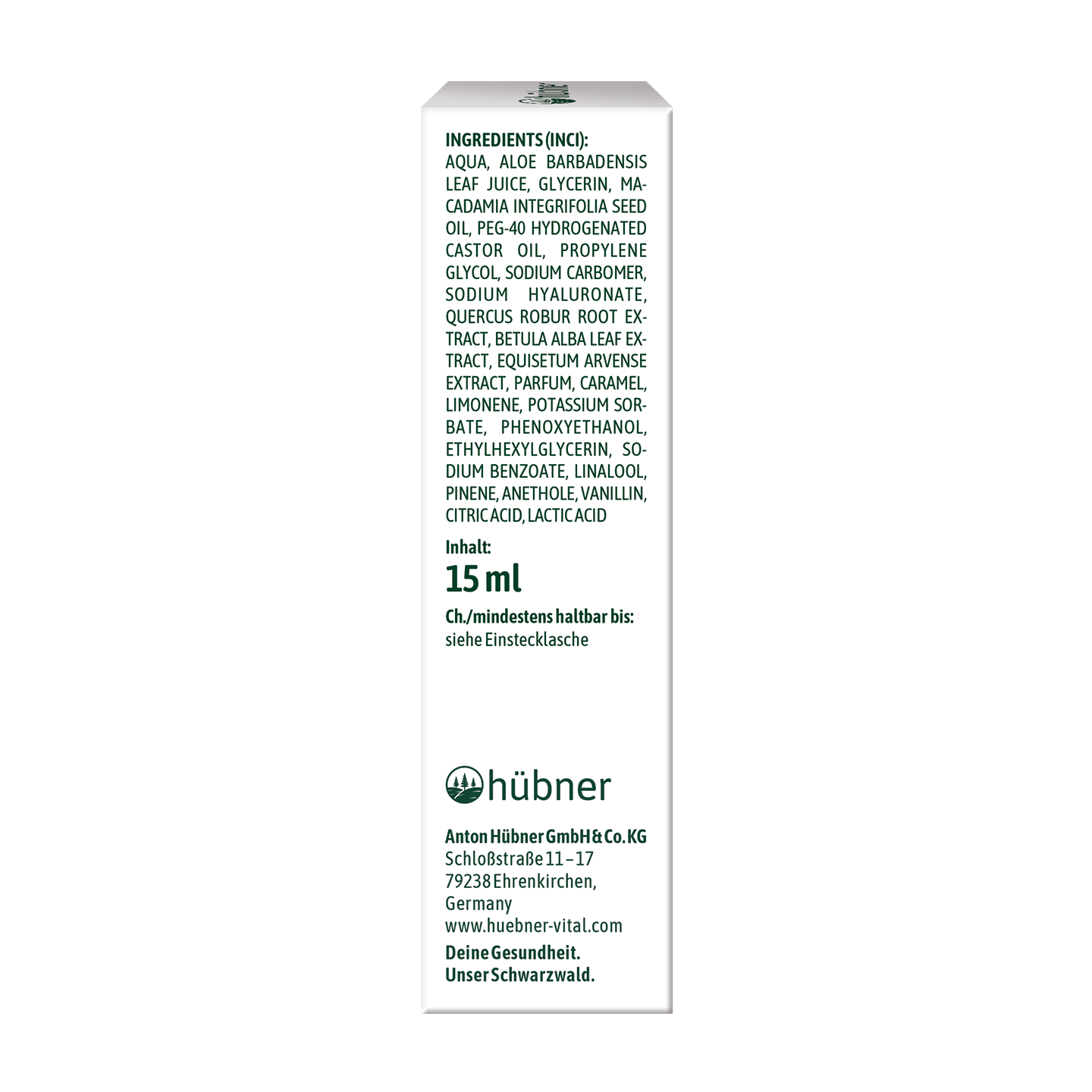 Weiße Box mit einer Liste der Hautpflege-Inhaltsstoffe und Produktinformationen in deutscher Sprache, einschließlich Füllmenge 15 ml und Herstellerangaben.