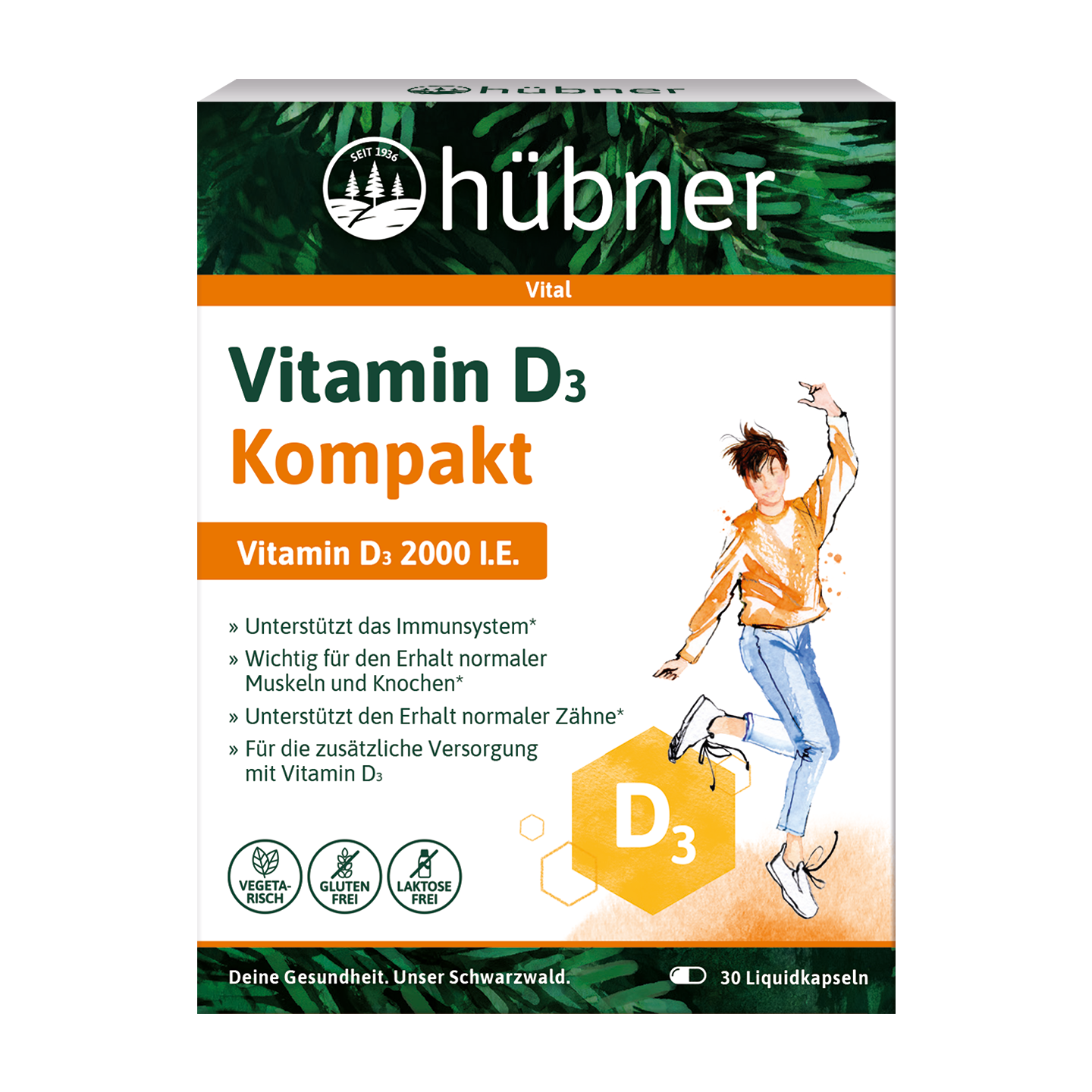 Schachtel hübner Vitamin D3 Kompakt mit springender Person und Symbolen für vegan, laktose- und glutenfrei, enthält 30 Flüssigkapseln.