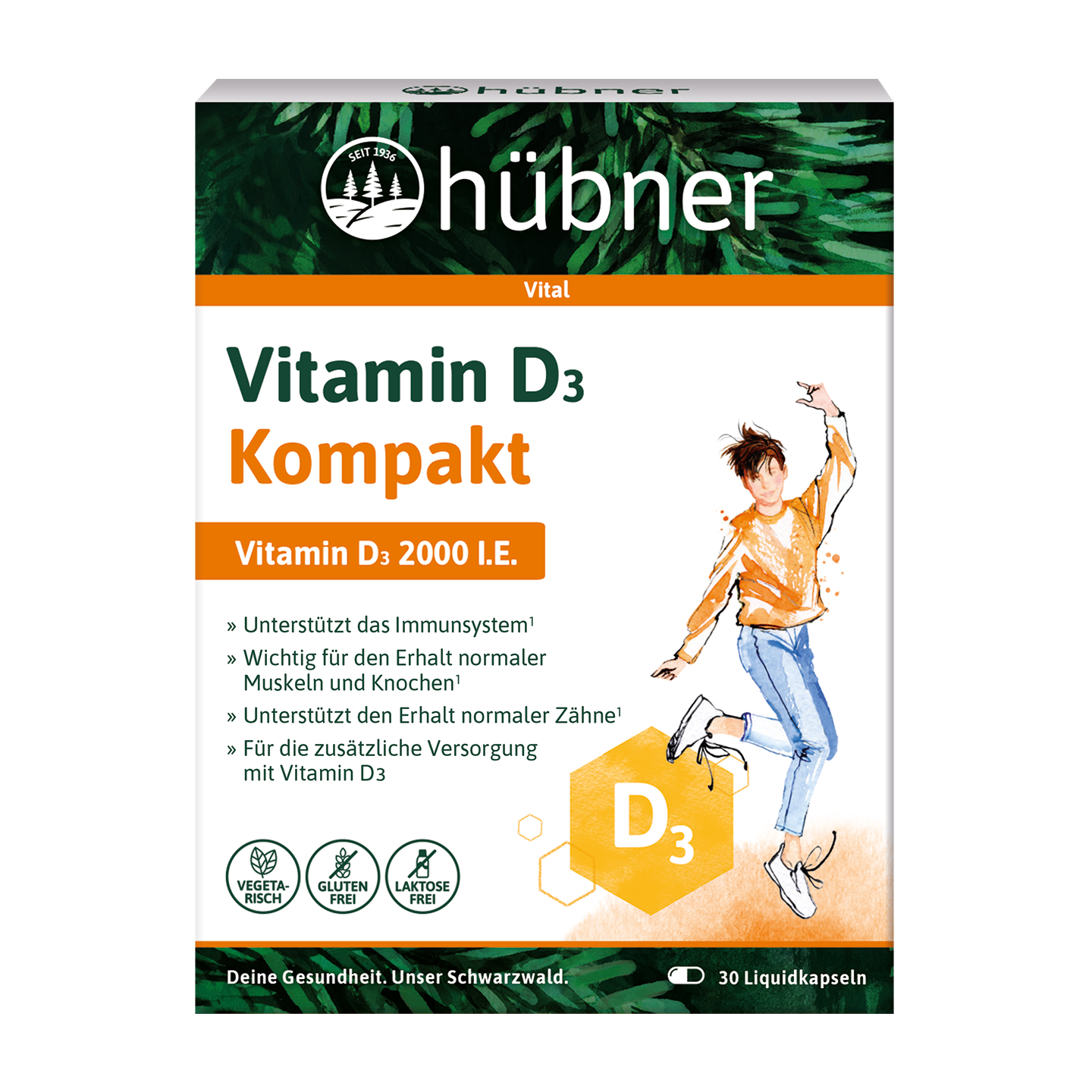 Schachtel hübner Vitamin D3 Kompakt mit springender Person und Symbolen für vegan, laktose- und glutenfrei, enthält 30 Flüssigkapseln.