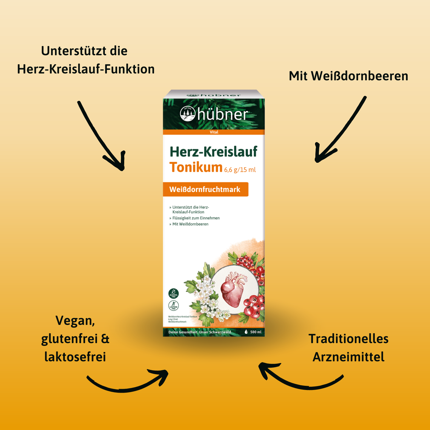 Eine Schachtel Hübner Herz-Kreislauf Tonikum ist auf einem orangefarbenen Hintergrund mit deutschen Texten zu den gesundheitlichen Vorteilen und Pfeilen abgebildet, die auf die Schachtel zeigen.