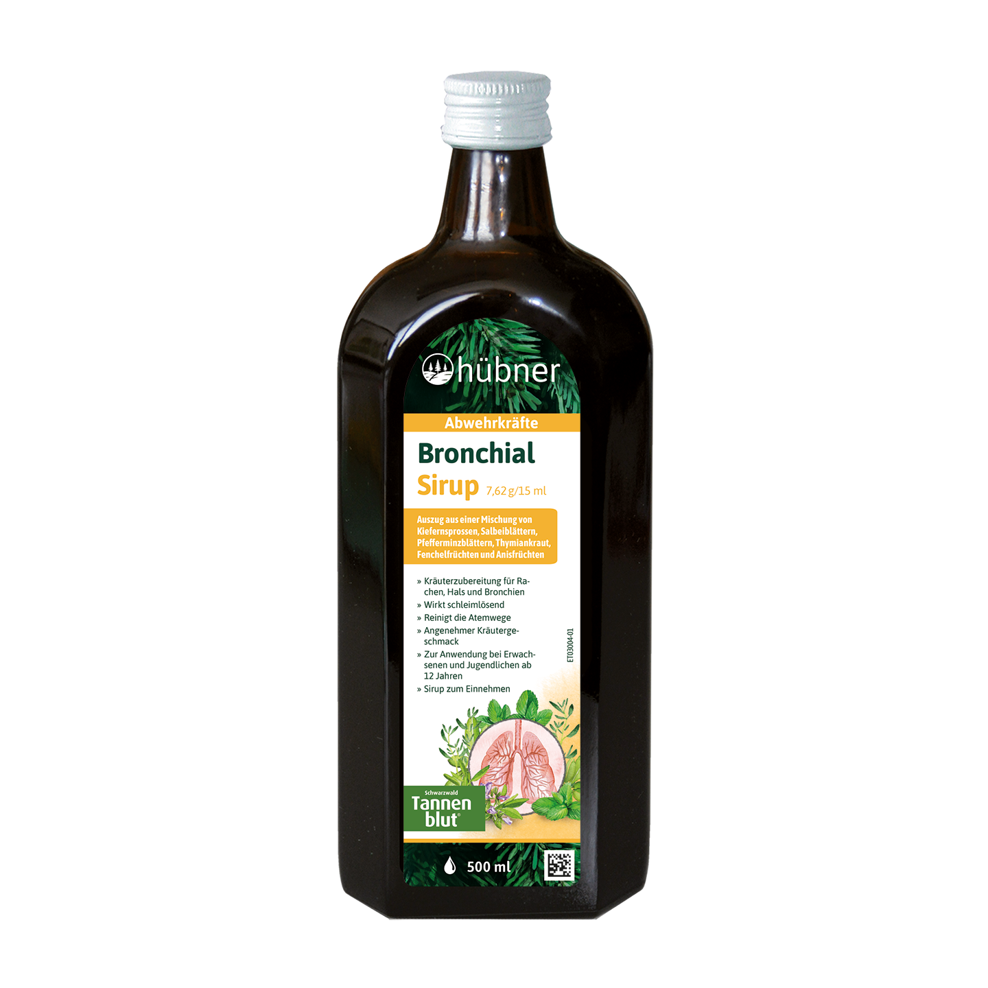 Dunkle Glasflasche Hübner Bronchialsirup, 500 ml, mit weißem Verschluss und grün-gelb-weißem Etikett mit Lungenabbildung.