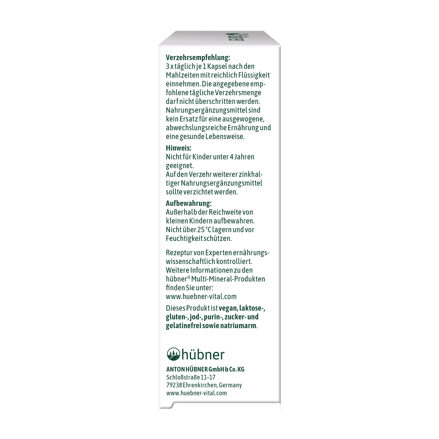 Seite einer Produktverpackung mit deutschem Text mit Dosierungsempfehlungen, Warnhinweisen und Firmenkontaktinformationen.