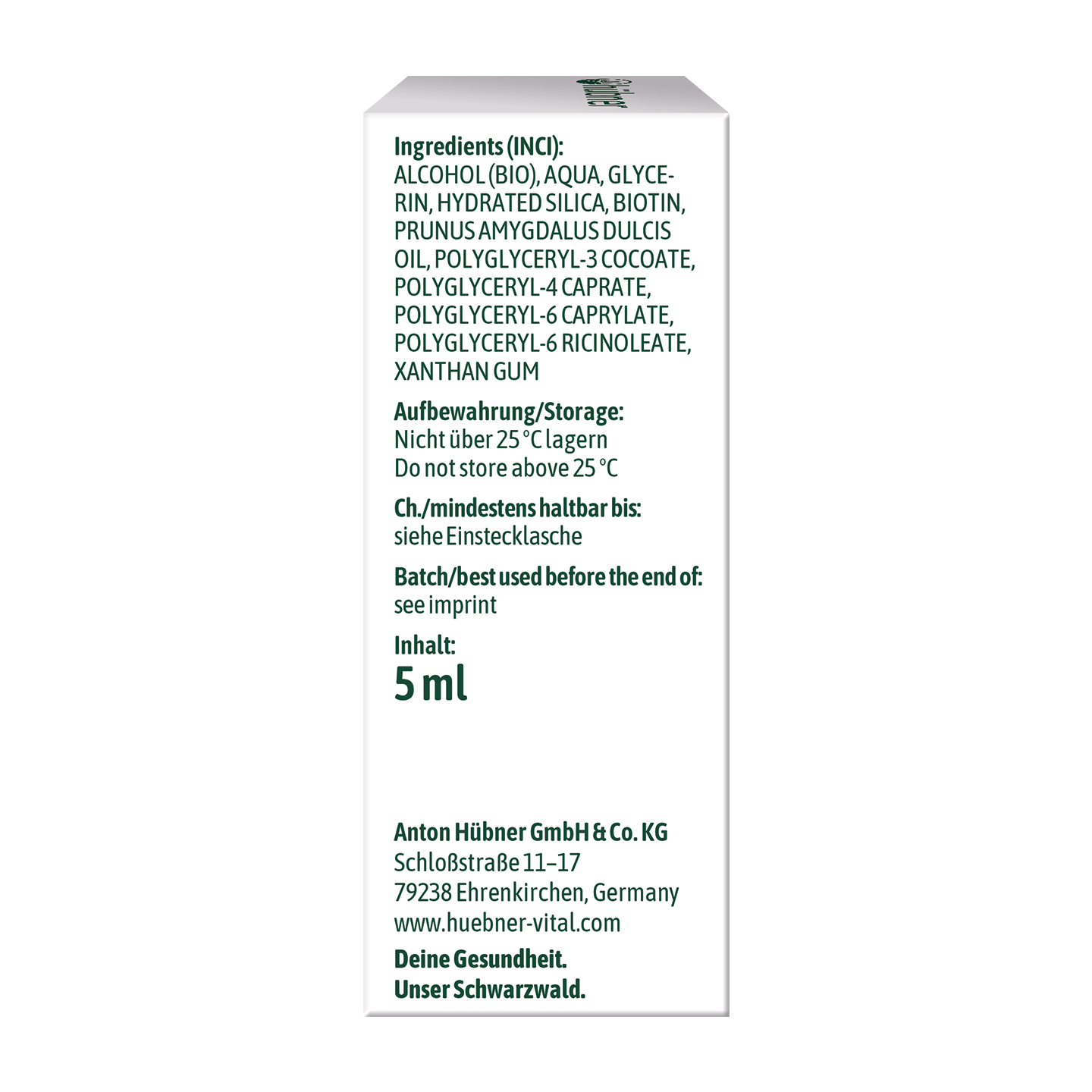 Zutaten- und Produktinformationsetikett für eine 5 ml Flasche der Anton Hübner GmbH Co. KG, einschließlich Aufbewahrungshinweise.